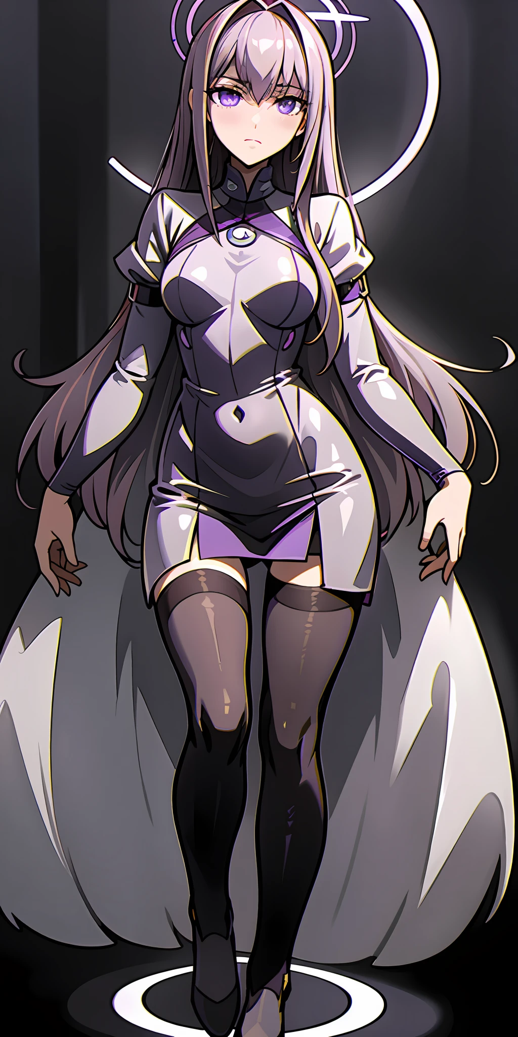 ((Masterpiece,Best quality,Ultra detailed,8K)),Silvery-white emanation,a purple eye,Dull hair， Tsundere，High Root，blacksilk，black lence stockings，The halo，lacepantyhose，Like a god，Blackn clothes，1girll, Sense of oppression，Perfect face, full body，Oppressive atmosphere