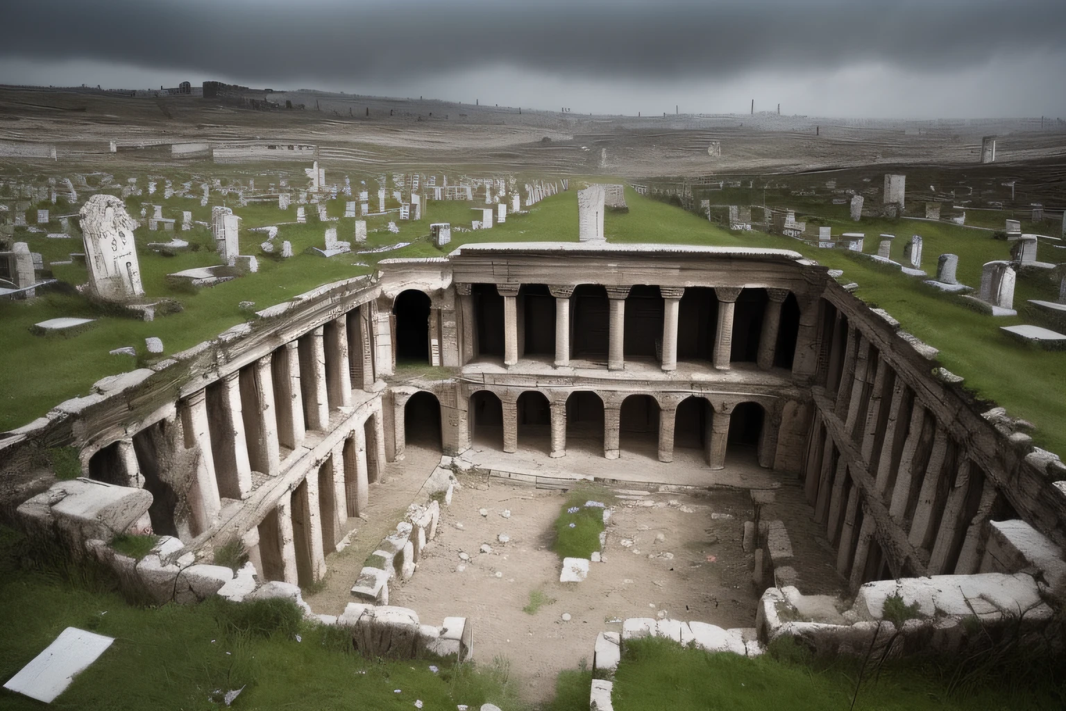 aerial shot, old scripture painting of a large spooky crypt in the middle of a gloomy rotting roman city surrounded by graves on a hill