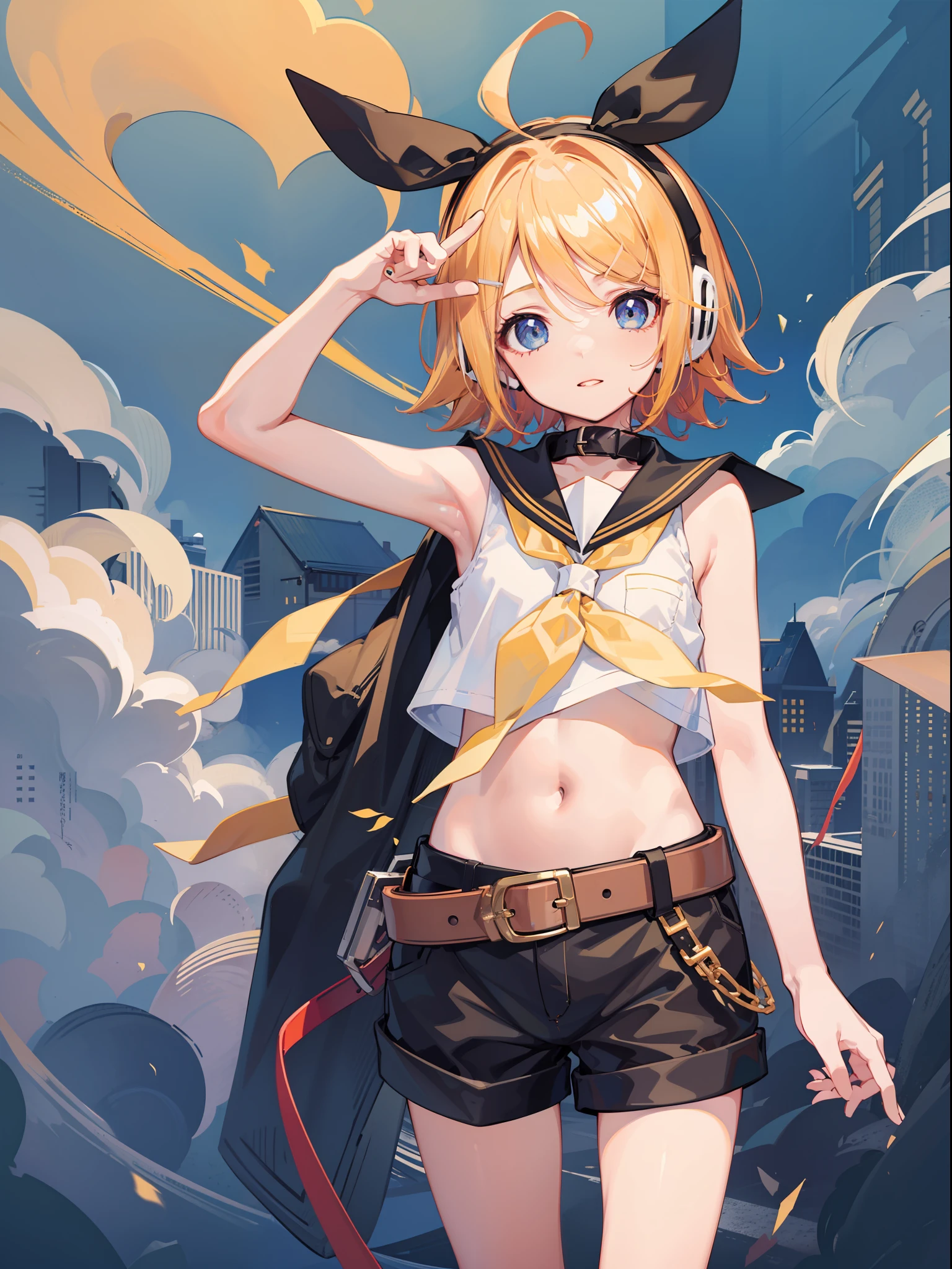 best quality, ultra precision, one girl, (Kagamine_Rin), blue eyes, sailor collar, black short pants, sleeveless, headphone, belt, white shirt, young, child, cool, boyish, yellow neckerchief,