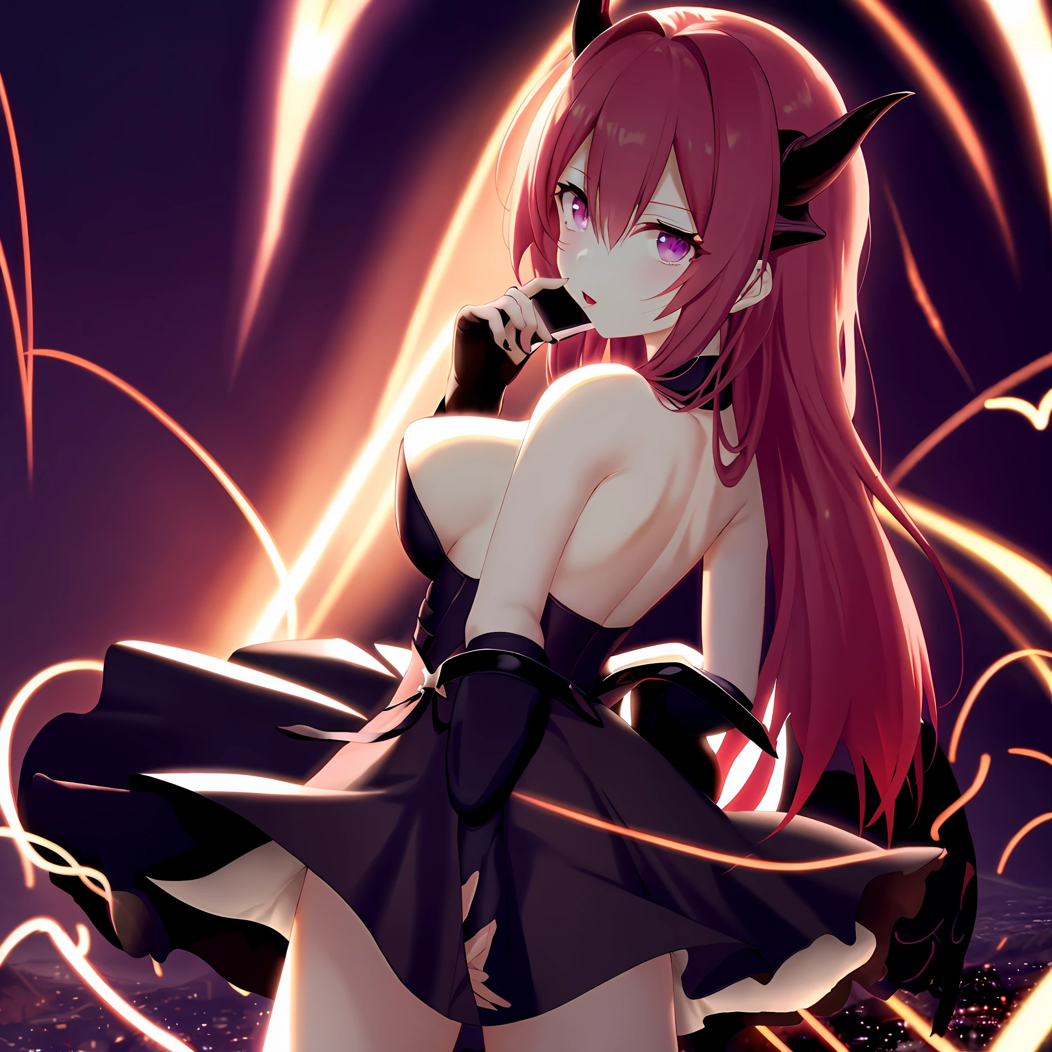 Magic Array，Violet light，large，summoning，succubi，a beauty girl，Red eyes，nigh sky，pleatedskirt，quadratic element，Anime girl with horns and short skirt posing for a photo, Succubus in dress portrait, Fanart, anime moe art style, seductive anime girls, gapmoe yandere, clothing made of tight latex, demon tail，The tip has a cute heart, Dark purple background, Lightings from back, Highly detailed, High quality,