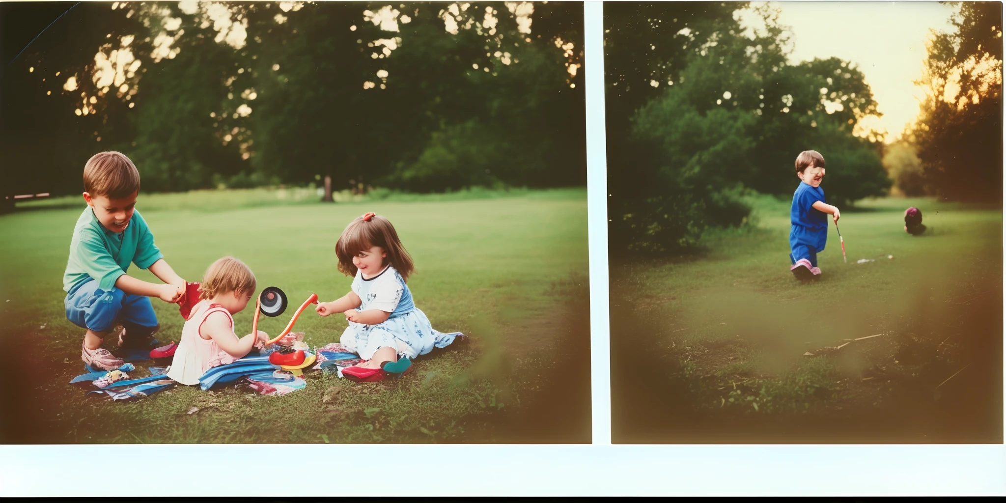 Brother and sister playing in the yard, early 2000s, flash photography, polaroid --auto --s2