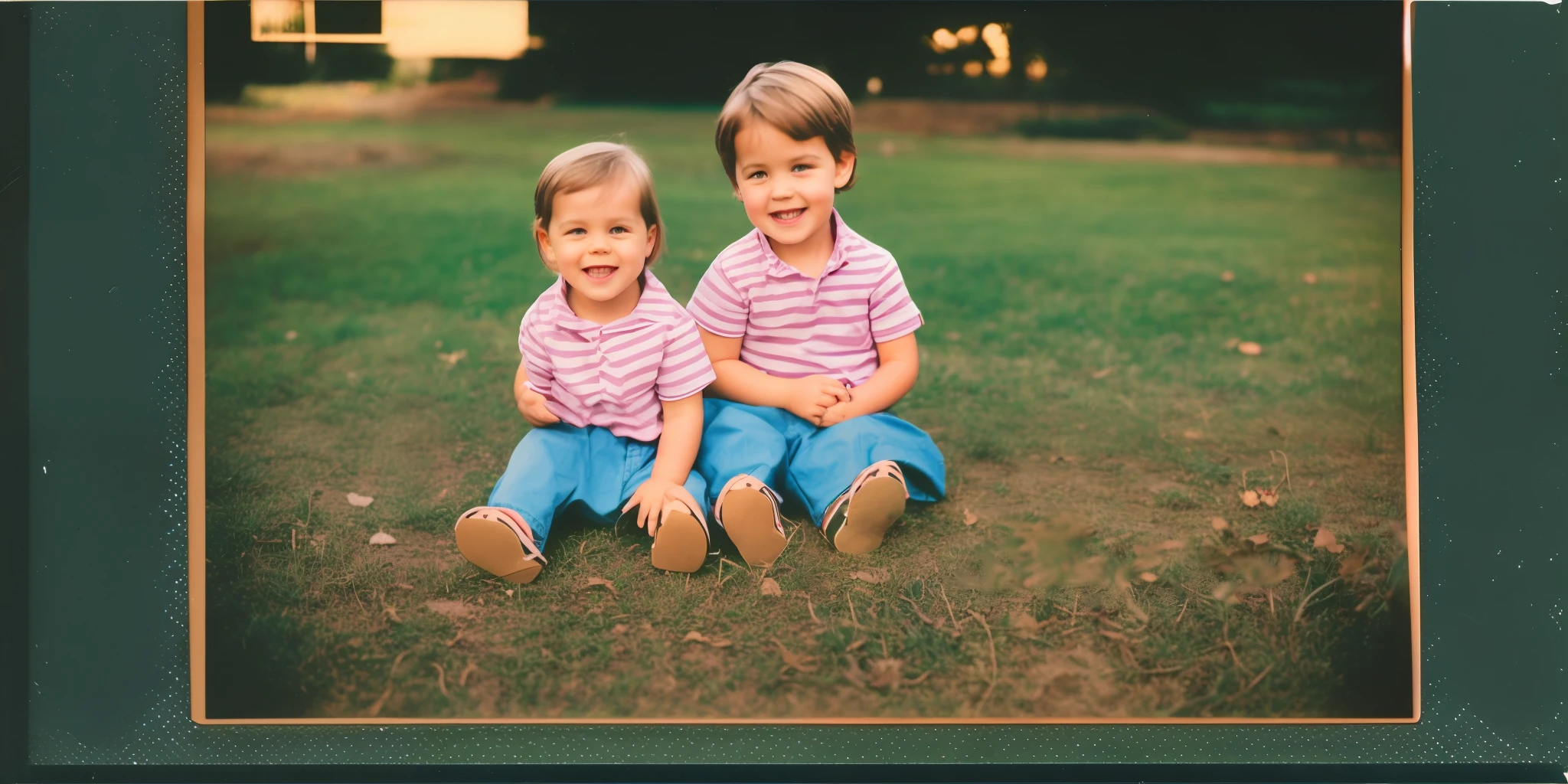 Brother and sister playing in the yard, early 2000s, flash photography, polaroid --auto --s2