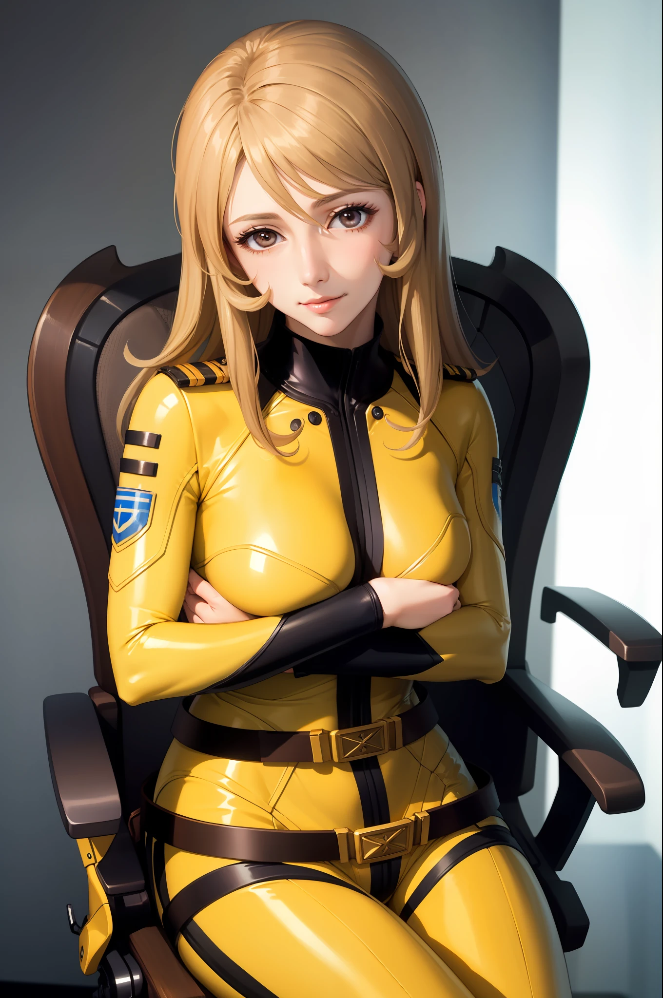 (masterpiece, best quality:1.2), cowboy shot, solo, 1girl, mori yuki, slight smile, closed mouth, looking at viewer, sitting, chair, blonde hair, yellow bodysuit, skin tight, belt