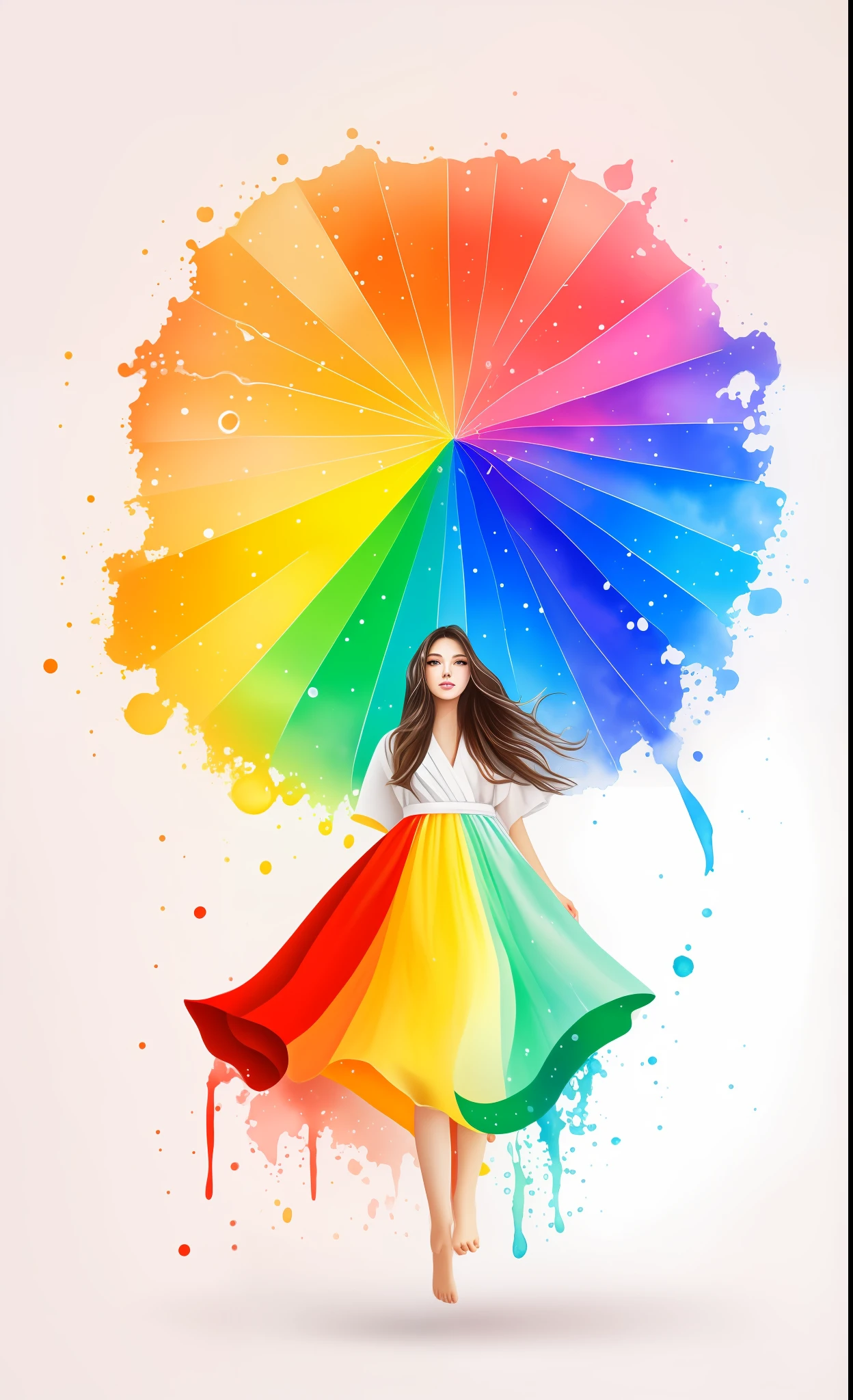 (masterpiece), Top image quality, vivid, mystic atmosphere, Amazing illustrations, Floating in mid-air, hight resolution, Dynamic angles, For a dreary pose,(1womanl), Gradient iridescent hair (Rainbow hair), Beautiful view of rainbow day, Big blue eyes, Iridescent light, white robes,neck ribbon, Lots of water drips, clouds, eventide, Crystal clear watercolor painting。