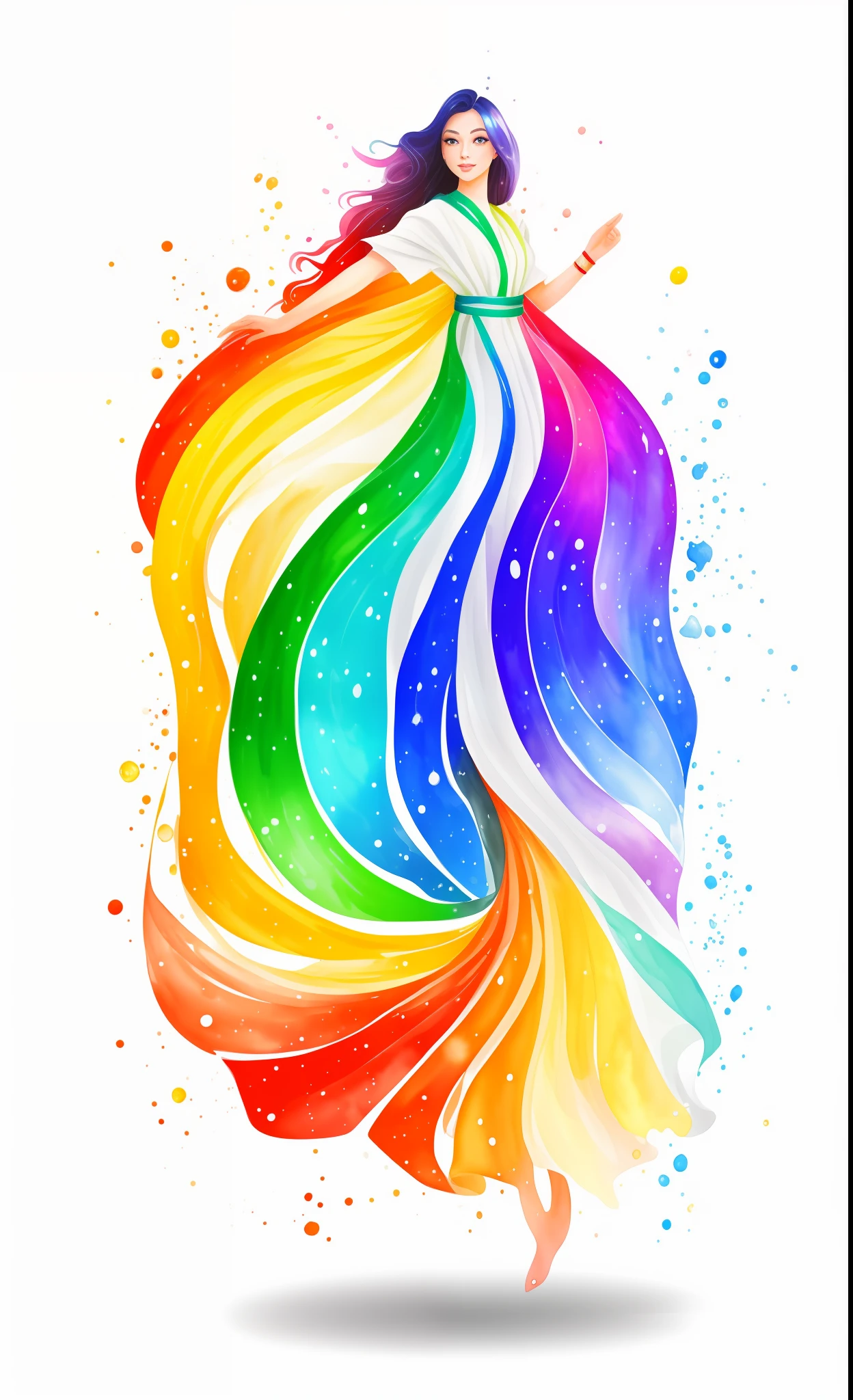 (masterpiece), Top image quality, vivid, mystic atmosphere, Amazing illustrations, Floating in mid-air, hight resolution, Dynamic angles, For a dreary pose,(1womanl), Gradient iridescent hair  (Rainbow hair), Beautiful view of rainbow day, Big blue eyes, Iridescent light, white robes,neck ribbon, Lots of water drips, ​​clouds, eventide, Crystal clear watercolor painting。