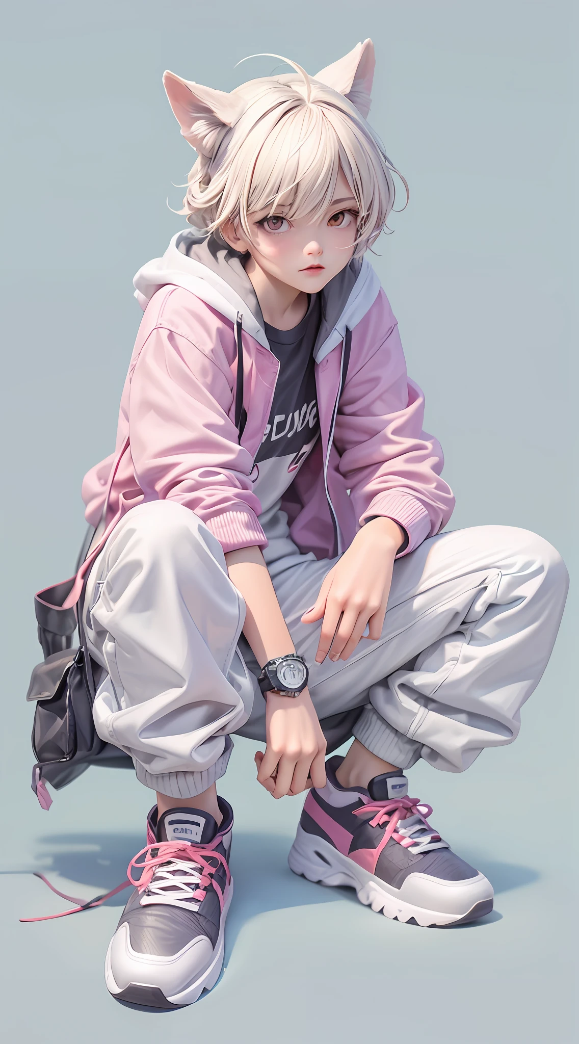 tmasterpiece，Best quality at best，offcial art，8k wallpaper，The is very detailed，illustratio，1BOY，fashionable attire，Wrist watch，athletic sneakers，squatt，Hands naturally droop，jaqueta com capuz，Street side，teens girl，dream magical，pink and purple