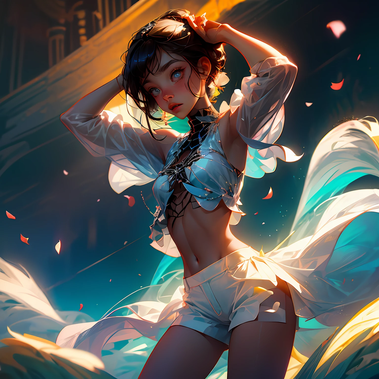 (title: Exposed female physique) (1name: Spider crop top,Ultra shorts,Transparent white silk)(style: downy, With afterglow, The texture is sharp) (tone: Shy, youthfulness, Tulle obscuration) (emotion: Children's feelings, warmth) (embedding: rays of sunshine, feater, petals) --auto
