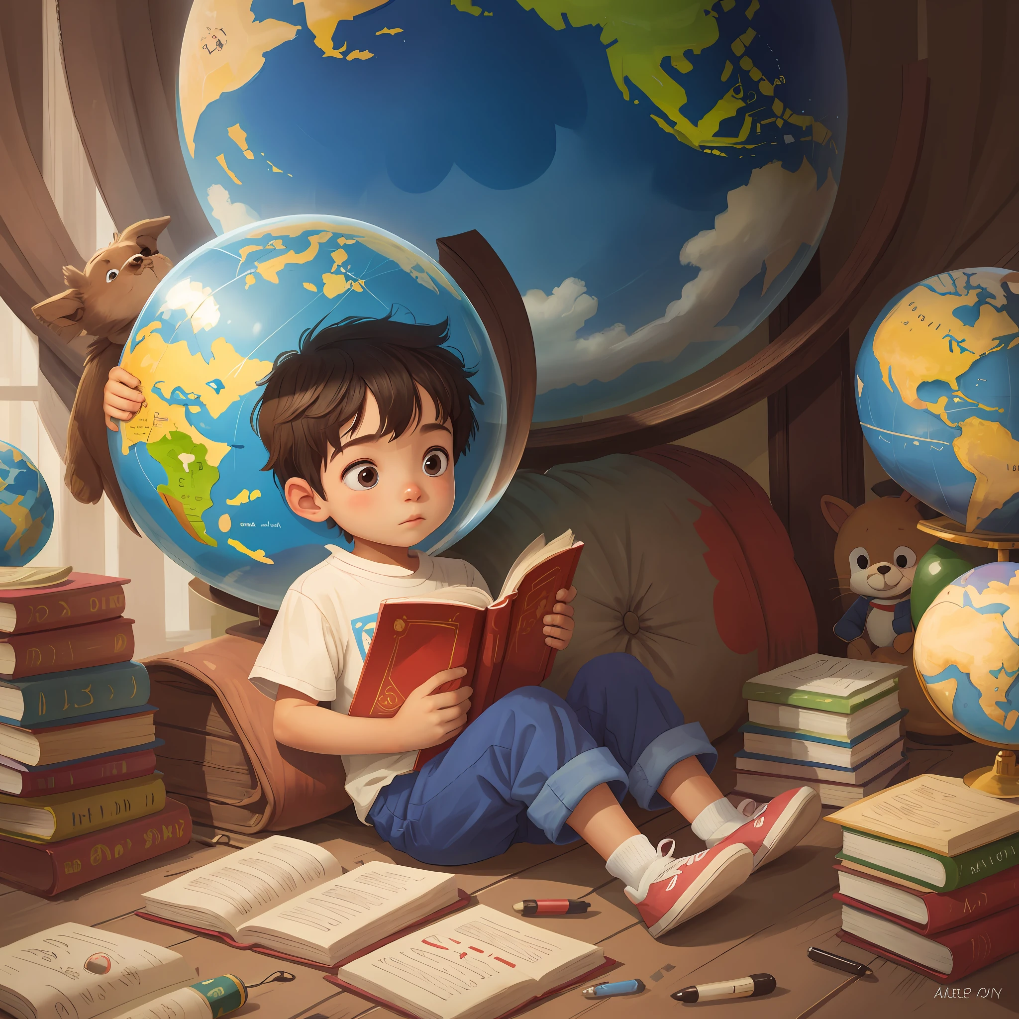 A sits on the globe reading a book
