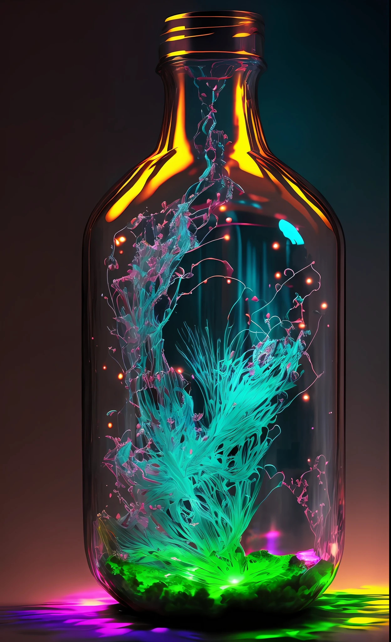 Dreamlikearte,
Bioluminescent fluorescent liquid in a bottle, vidrio grueso, Detalles de Steampunk, Brumoso,
chromatic abberation, Reflexiones,Detalles locos, Detalles intrincados, hiperdetallado, realista, Foto, Canon, dreamlike, arte, Fotorrealismo hiperdetallado por Greg Rutkowski