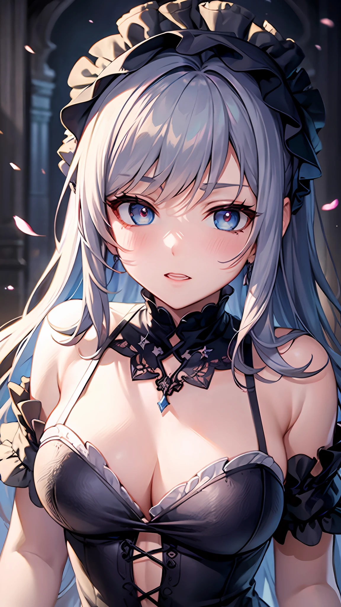 Close up portrait of woman in dress in white and black dress、Gothic Otome anime girl、anime girl wearing a black dress、Cute anime waifu in a nice dress、Anime girl in maid costume、Elegant Gothic princess、guweiz、Gwaits at Pixiv Art Station、Gwaitz at Art Station pixiv、beautiful anime girl、Blushing face、embarassed expression