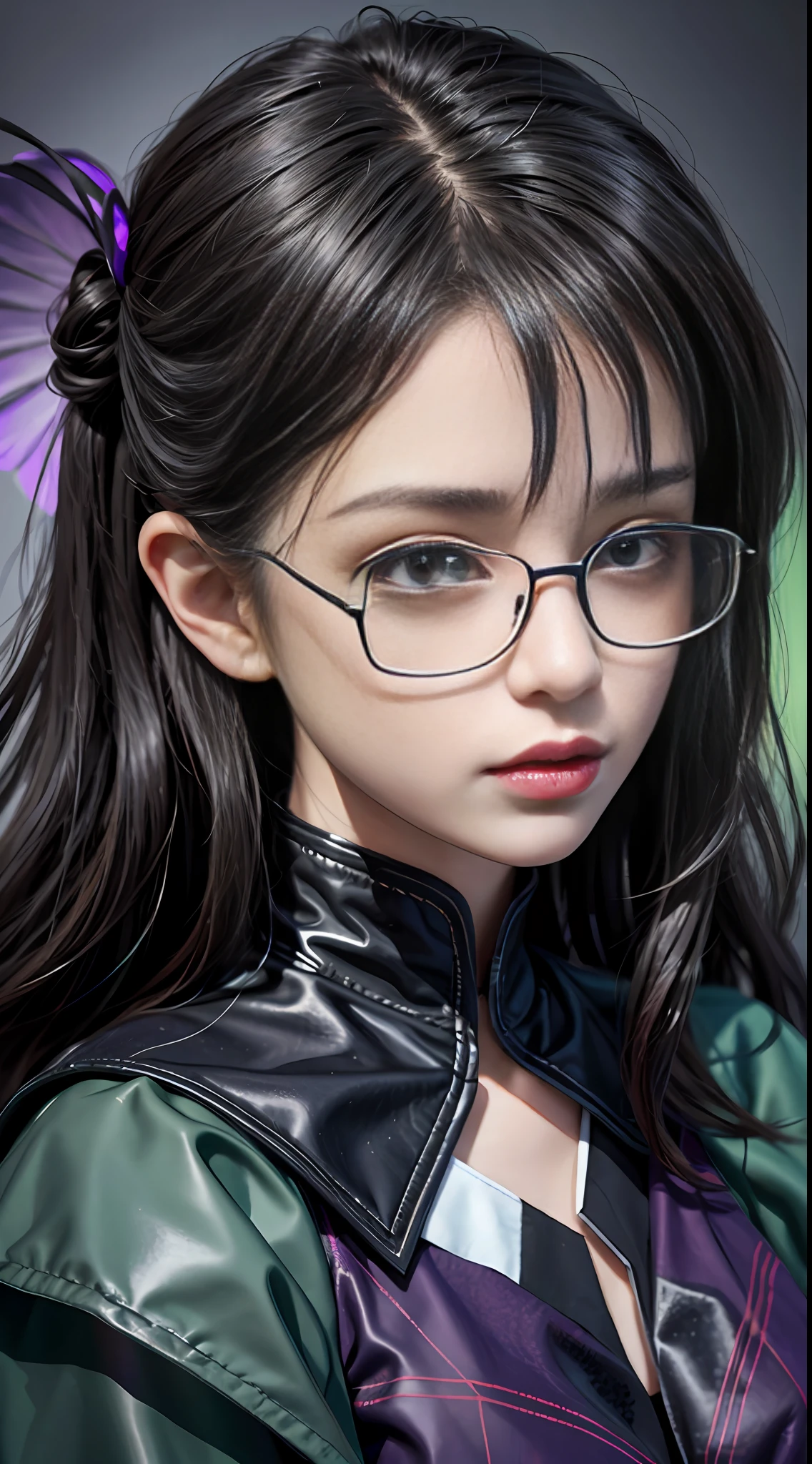 1girl with glasses, slender, masterpiece, best quality, absurdres, black angel wings, black hair, bloom, glow, wide angle, dark silver ornaments, dynamic lighting, dramatic lighting, photorealistic, highres, detailed face and eyes, sharp pupils, realistic pupils, sharp focus, (highest detailed, extreme detailed, ultra detailed, finely detail:1.5), dark bluish green and violet shadow, --s2