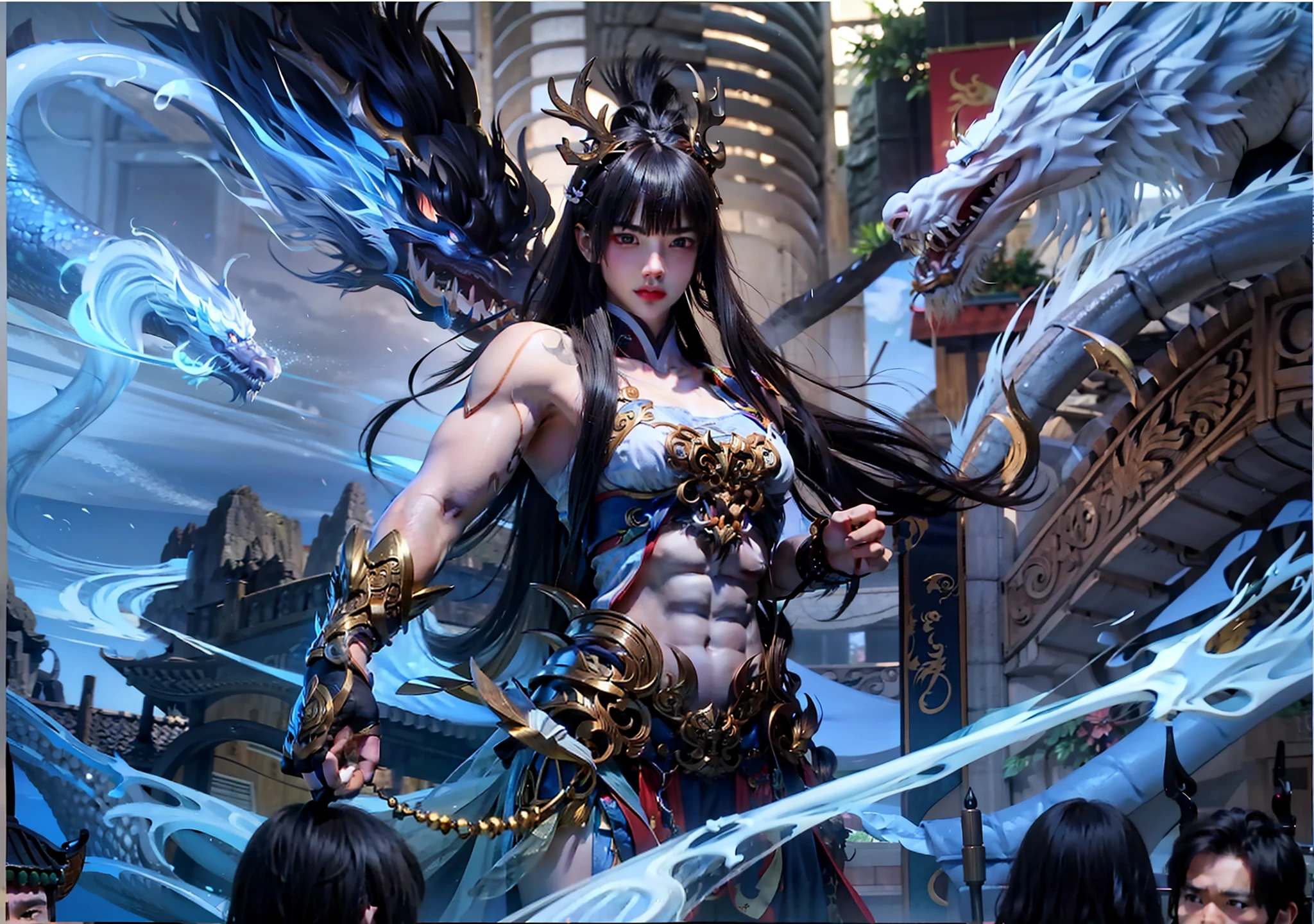 Strong Asian man，Expose the pectoral muscles、Shoulder、small thighs，Fierce eyes，The shouts shook the earth，Chinese generals ancient battlefield，Middle-aged bearded，Chinese Fengshen Dragon，Strong and tough。