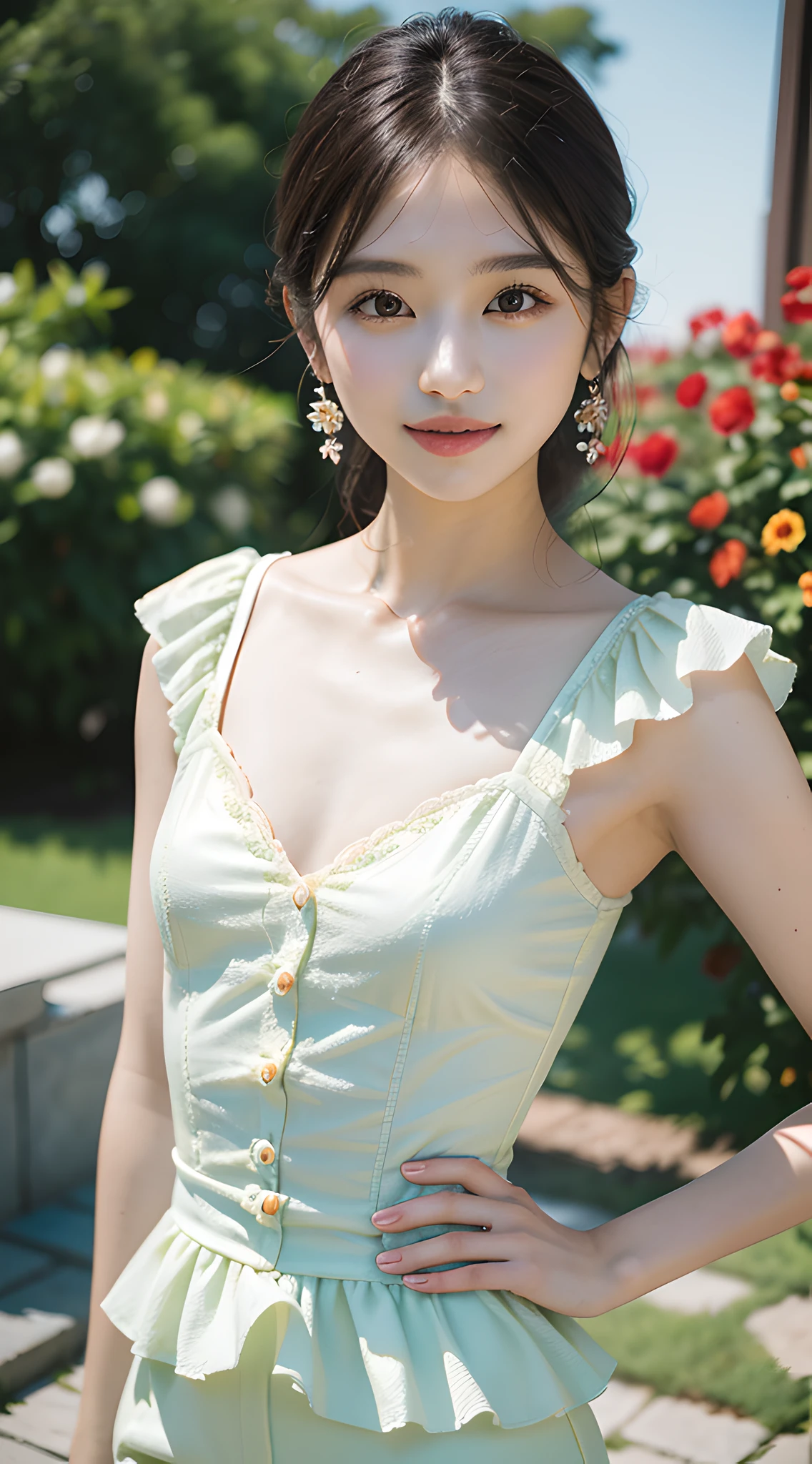 (masterpiece, best quality:1.8), delicate girl, beautiful face, flowers, elegance pose, 8k, official art, raw photo, absurdres, 85mm portrait, violaceaess, gardeniass, upper body, (close up face:0.8), (peplum tops:1.2), long pants, large breasts, cinch waist, thin arms, thin waist, arch back, looking at viewer, small earrings, sophisticated, facelight, clear lighting, film grain, chromatic aberration, sharp focus, shiny skin, (smile:0.7), garden, (bokeh background:1.2), simple background