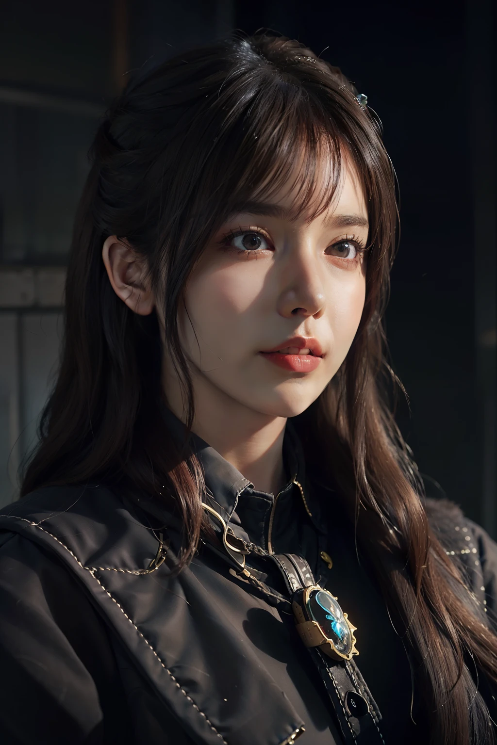 Hyperrealist portrait of female by david hockney and alphonse mucha,fantasy art, photo realistic, dynamic lighting, artstation, poster, volumetric lighting, very detailed faces, 4 k, award winning,, 1girl, in the dark, deep shadow, low key,cowboy shot,(official clothing:1.4) ,long hair,white hair,