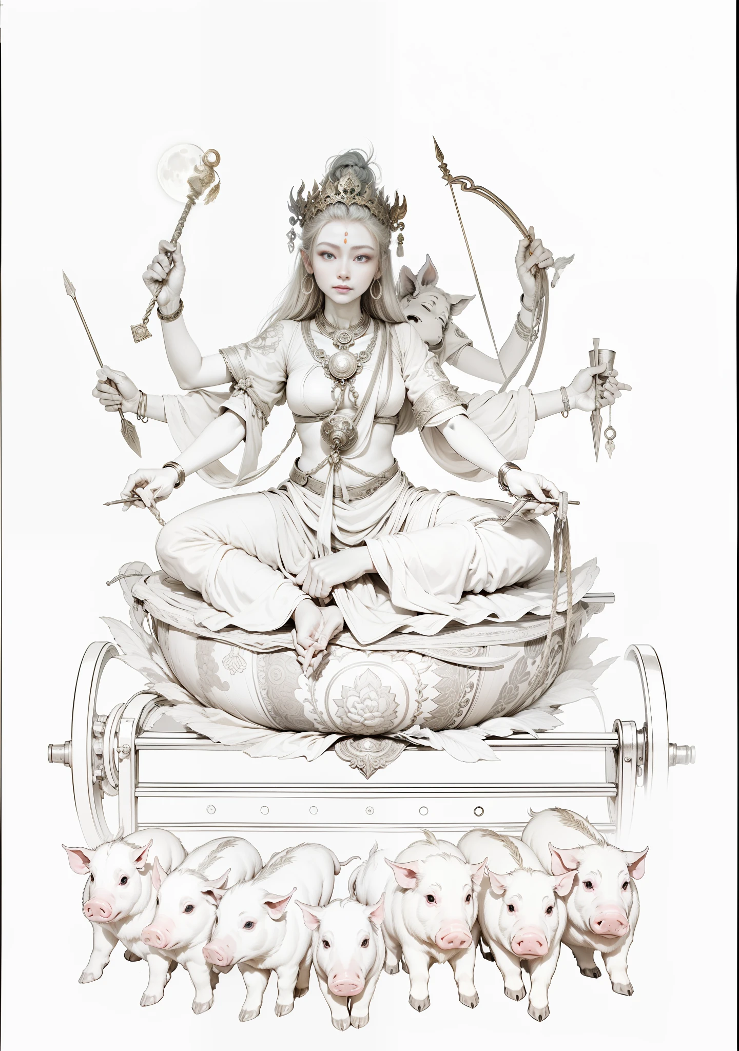 A female bodhisattva with three heads and six arms，Sit in a golden car，There are two wheels，A total of six hands hold various magic weapons，The ones on the right hand are；axe、arrow、stitches，The left hand holds the same；the bow、rope、ligne，The bodhisattva has bright white skin，With a golden crown，Bundle hair blonde，jewelry，Yingluo，Light blue dress，In front there are seven piglets pulling the cart side by side with ropes，There is a round light behind the bodhisattva，The light shines，Blue sky in the background，Draw a white moon on the left，Draw a sun on the right，The characters come to life，true to life，The lighting is frontal light，The light is uniform and bright，The characters are bright and natural，Photographic techniques，