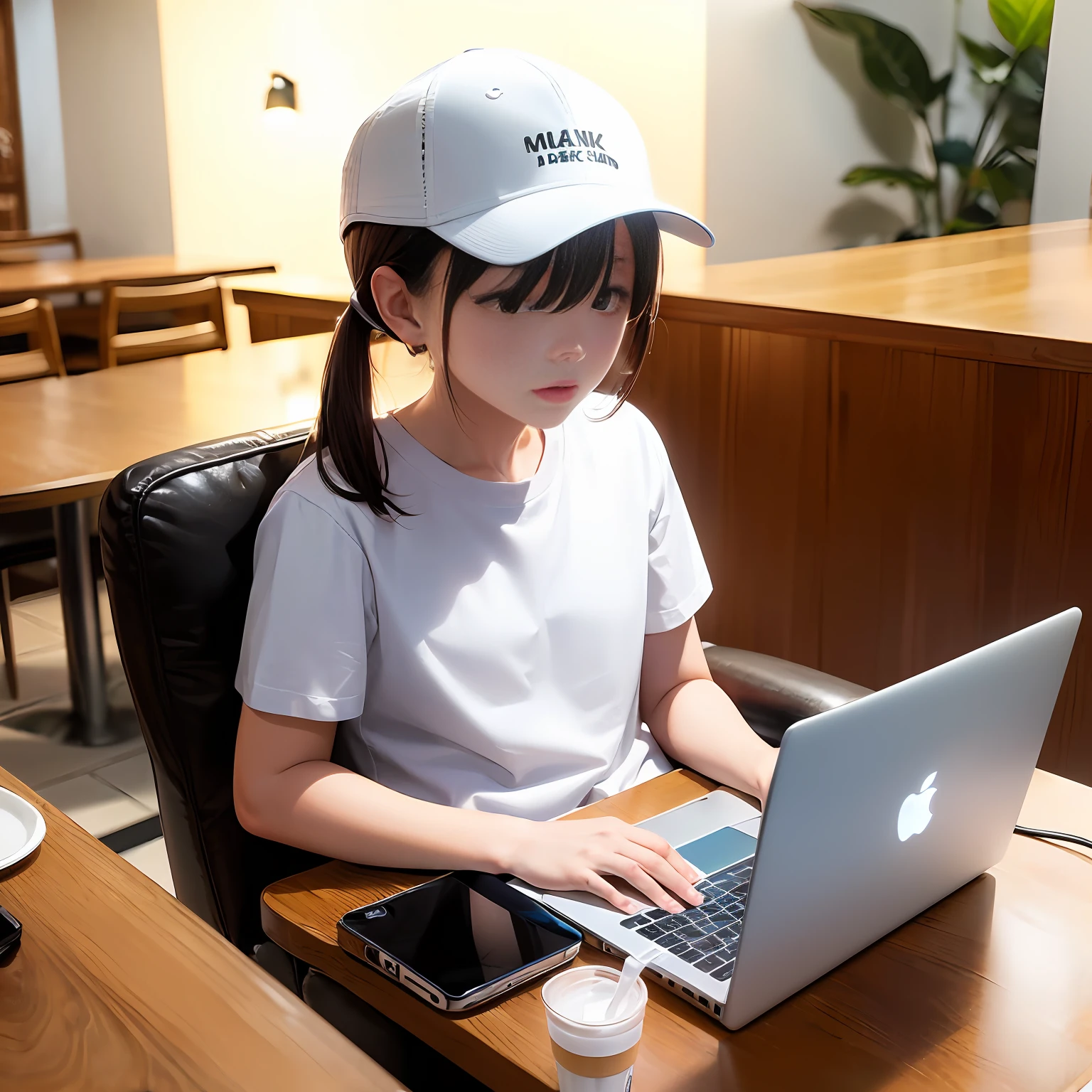 (adolable, femele, solo person, brown shorts + white short sleeve + White baseball cap:1.2, Milk tea shop, pony tails, Laid back, laptop, Milk tea shop, Wireless white Apple headphones, Brown sofa,Brown table,Indoor light:1.1)