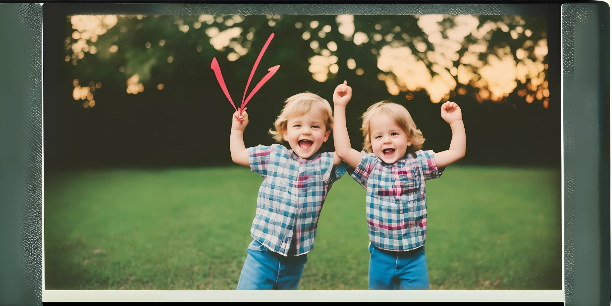 Brother and sister playing in the yard, early 2000s, flash photography, polaroid, word (("LOVE"))::4 in the center --auto --s2