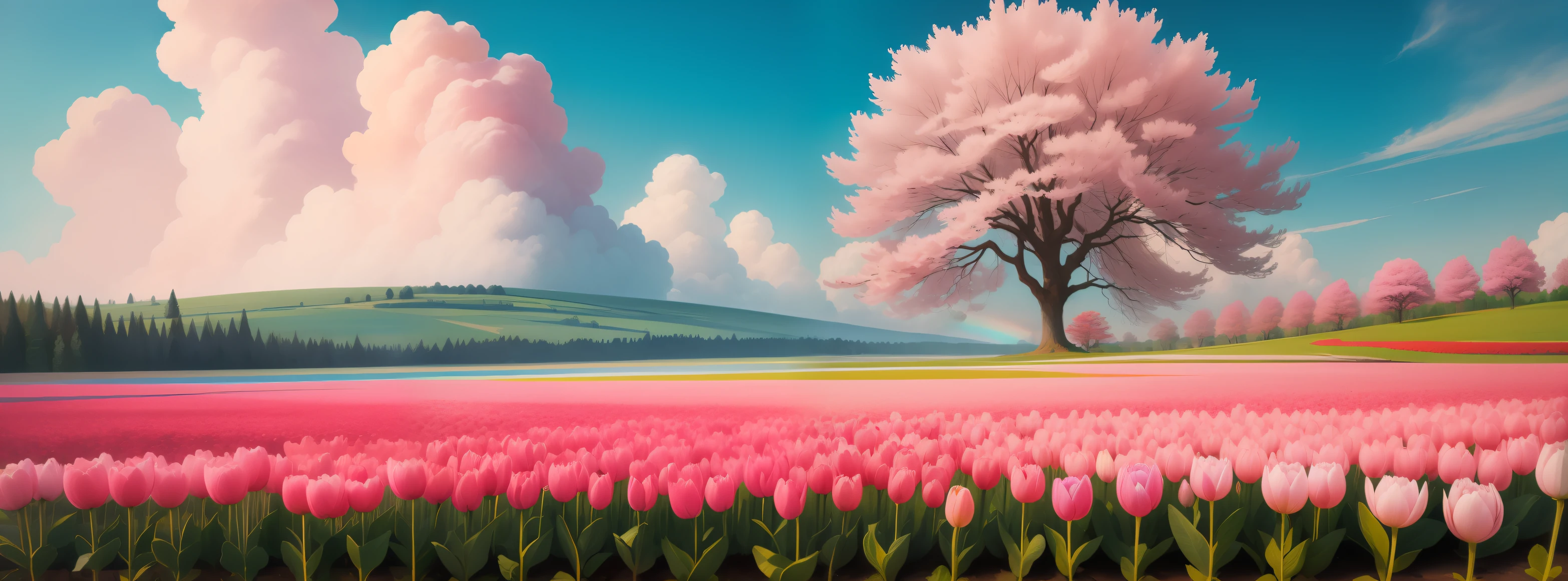 Flowers, trees, sky, breeze, clouds, sun, rainbow