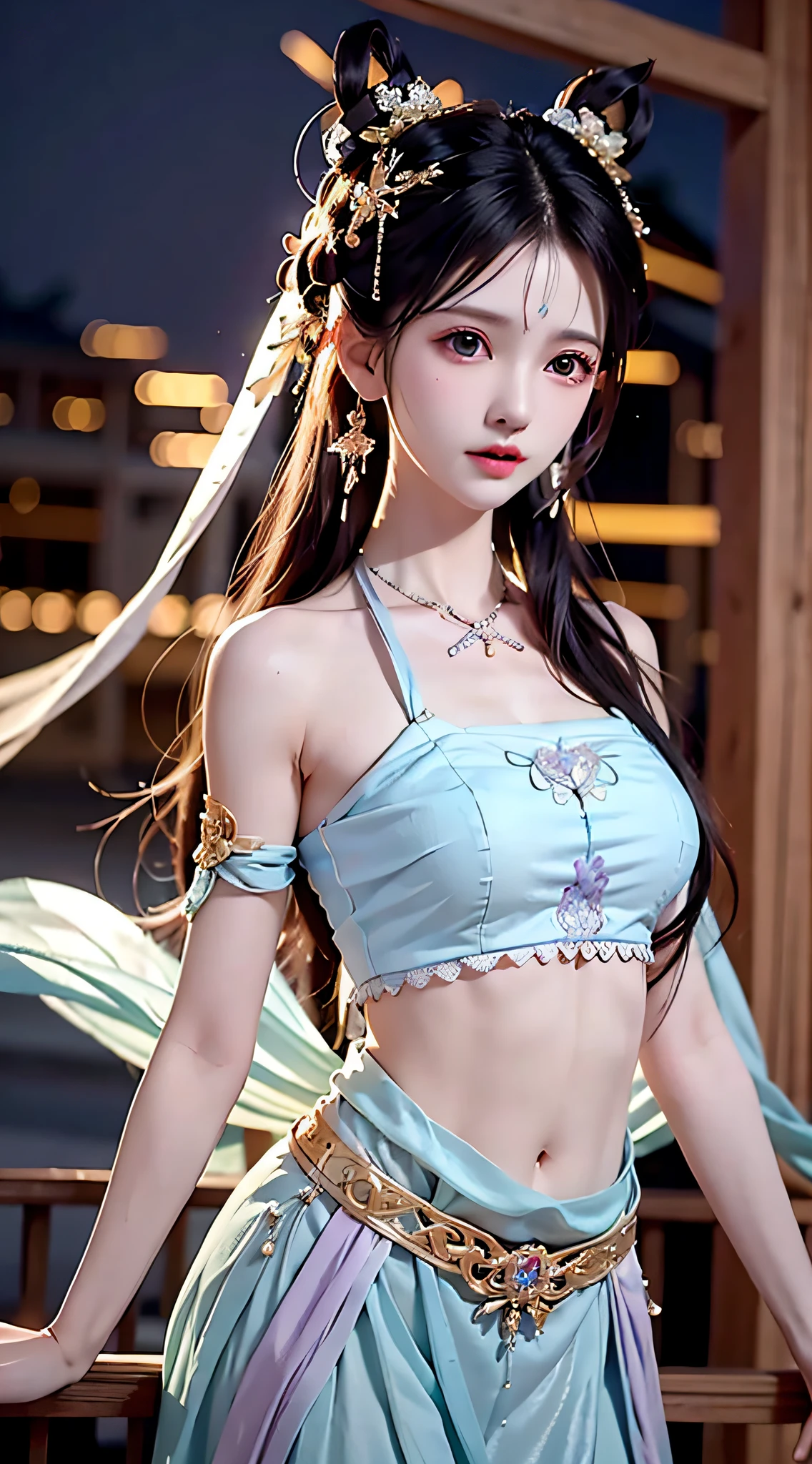 Bust photo, a beautiful woman, messy hair, girly, symmetrical bun, hair accessories, jewelry, delicate face, eye shadow, purple top, purple, purple, crop navel, purple long skirt, Dunhuang style, delicate embroidery, silver decoration, silver streamer, white streamer, light blue streamer, delicate skin, soft light effect, delicate and smooth hair, delicate details, eye highlights, fair skin, fine portrayal, extreme details, cinematic quality, thin, slender, broken, hair details, thin bangs, shawl hair, right body, shadow, air bangs, 8K, super fine, fine fabric texture, soft, smooth, smooth texture, Dunhuang style, delicate pattern, correct hand painting, anatomy correct, accurate, night, dark night, lighting, Tyndall effect, ray tracing, HUD,