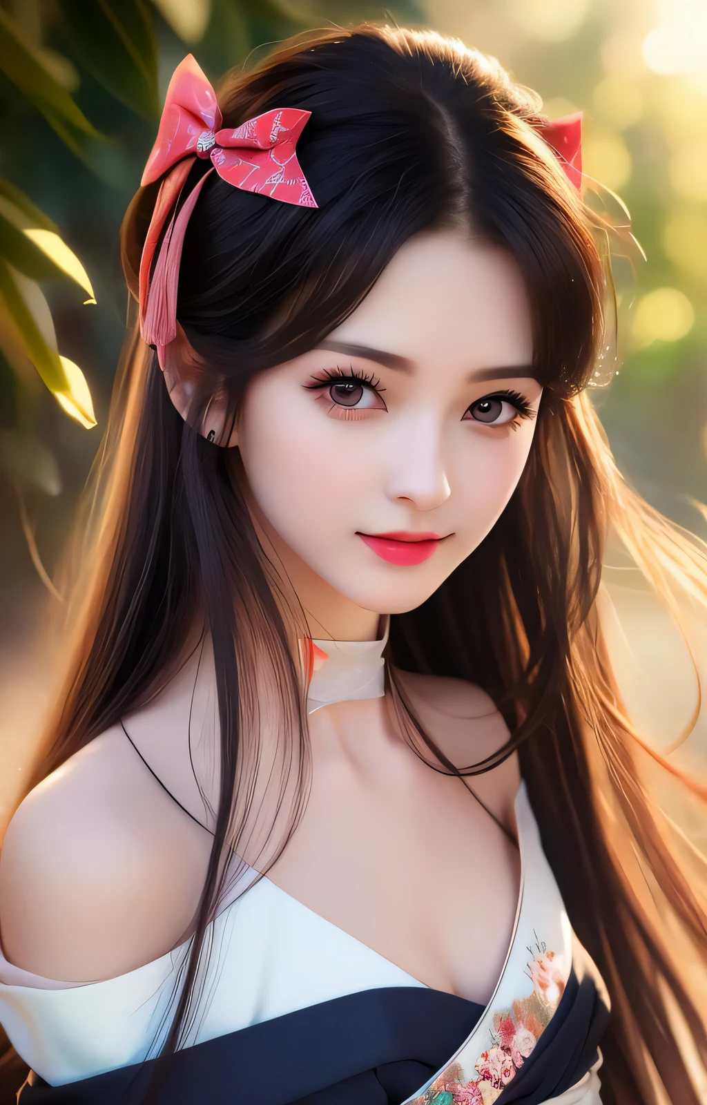 masterpiece,best quality,upper body,1girl,(beautiful face), realistic,long hair, blackhair,(hair bow),(small breasts),(off shoulder),(breast out),(nipple flick),hanfu,looking at viewer, , hanfu,facing viewer,light smile,