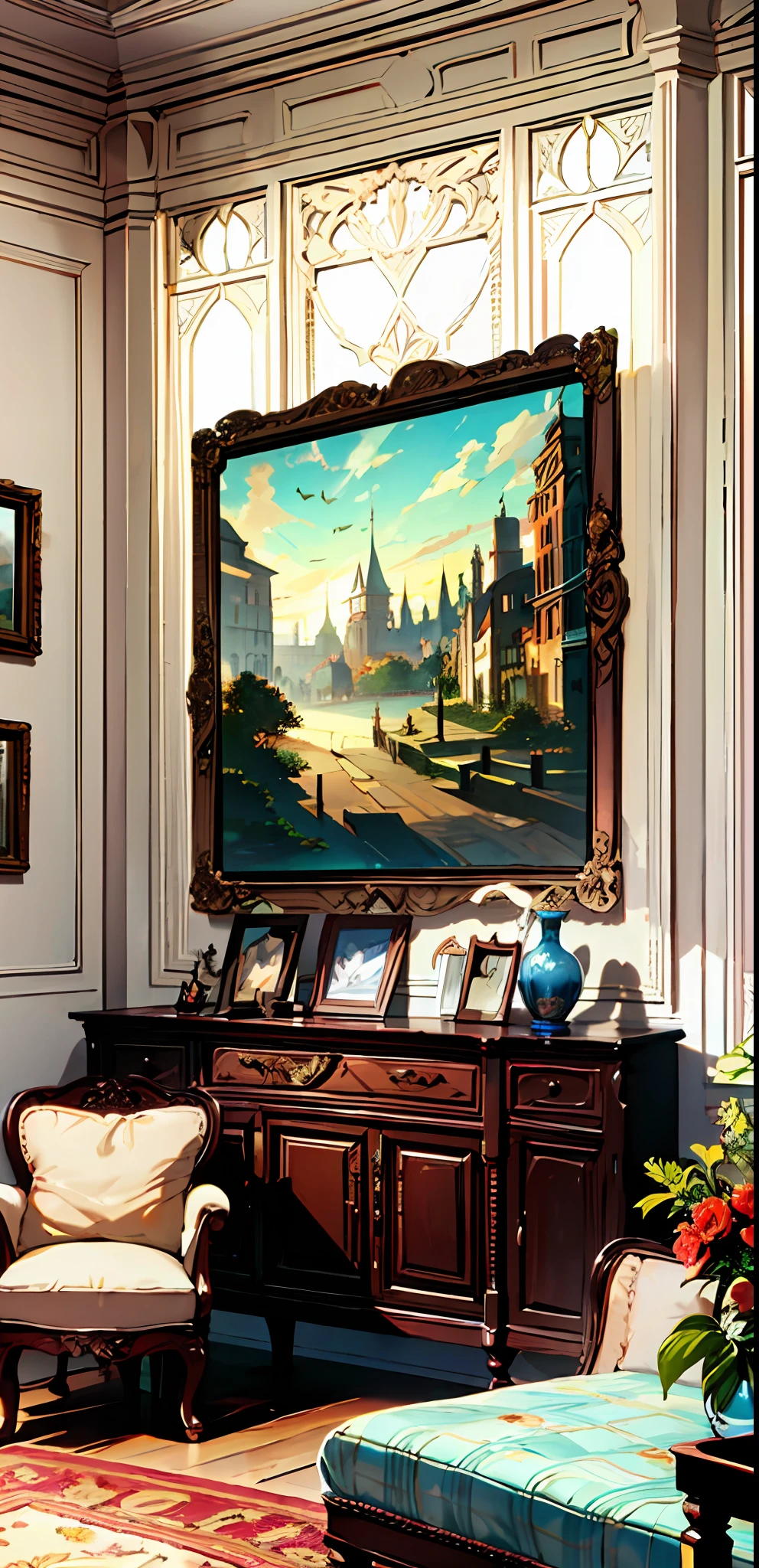 Italianate style, a soft bed, a coffee table, bedside tables, vases, hanging paintings, dressers, square glass windows, wooden furniture, wardrobes, intricate carvings, and oil paintings. Warm colors, award-winning masterpieces with incredible detail, large windows --v 6