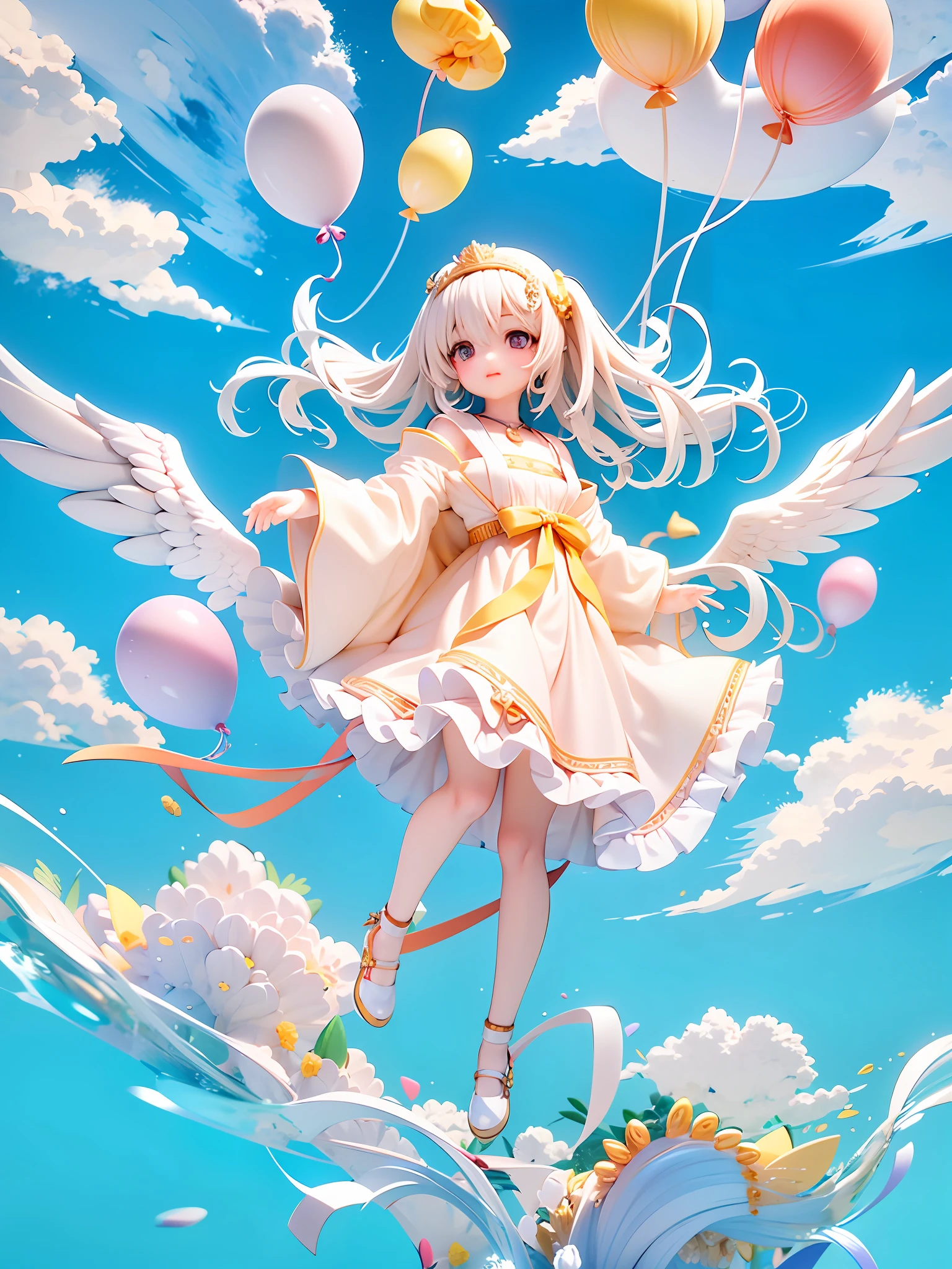 1girl、White wavy hair、Chibi、weightless、Floating in the sky、Red Balloons、robe blanche、Angel wings、blue open sky、white clouds、mid air、full body、flying though the air