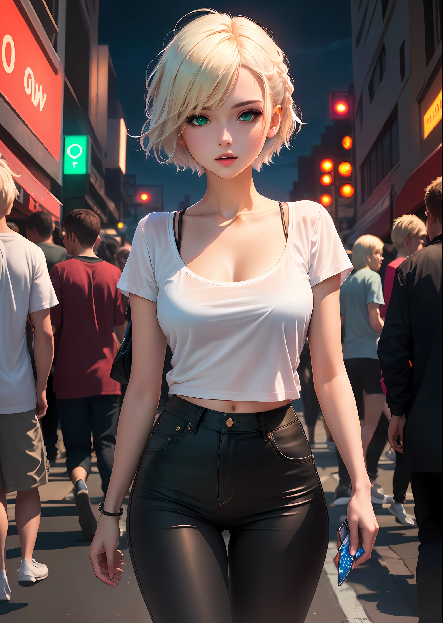 masterpiece, best quality, nsfw, 1girl, platinum blonde hair, short hair, green eyes, braids, small perky breasts, on the street, night, neon light, white t-shirt, braless, black pants, poker face, front view, standing, in crowd,