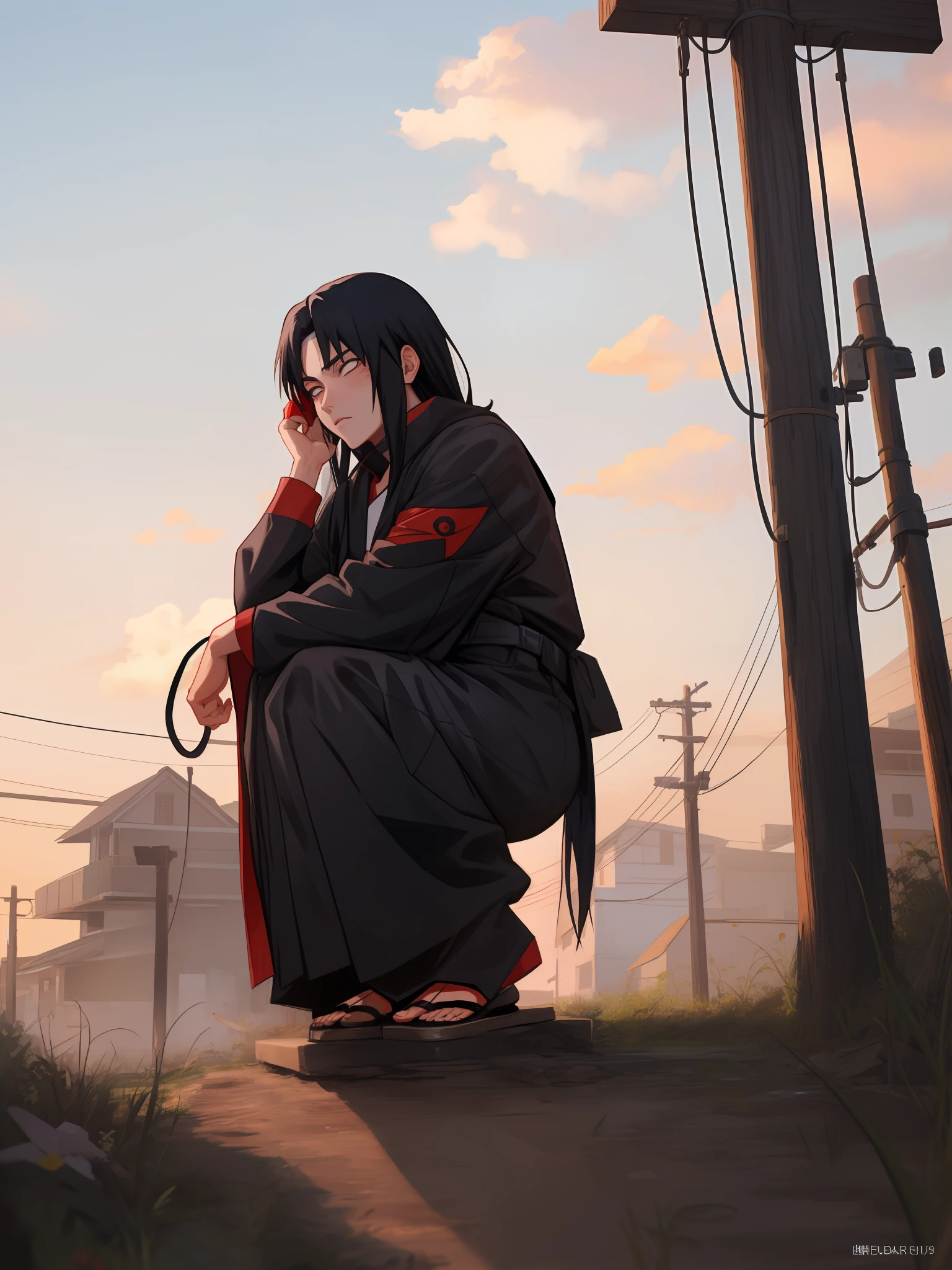 Naruto,uchiha itachi,Uchiha Itachi crouched on a telephone pole