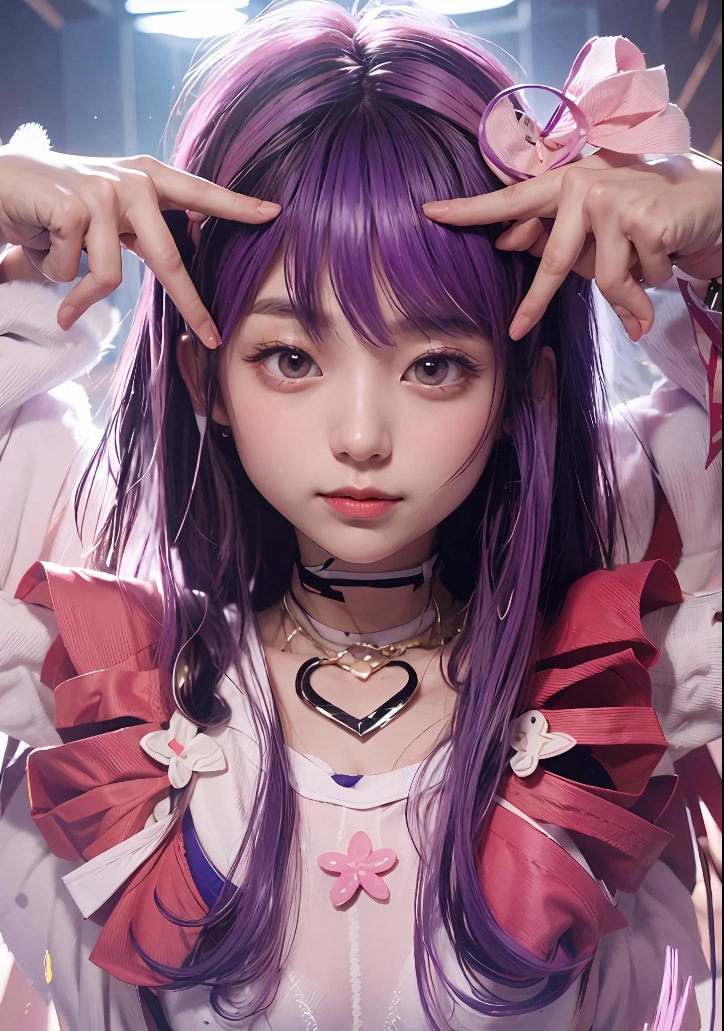 Photorealsitic, hight resolution, 1 rapariga, Korea person, Purple hair color、Pink mesh hair、Pink costume、Idol