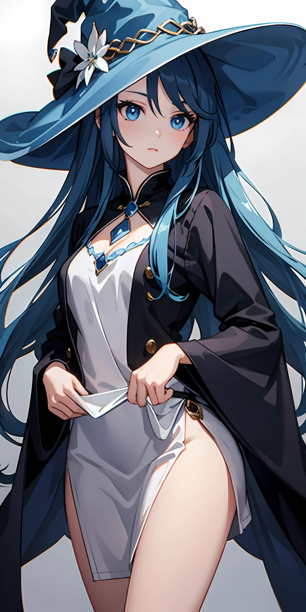1girll,Deep blue hair,Light blue eyes,Wearing a witch hat,Sideslit,light particules,White color blouse,no clothes are worn,Delicate hair,Detailed eyes,High rendering accuracy,