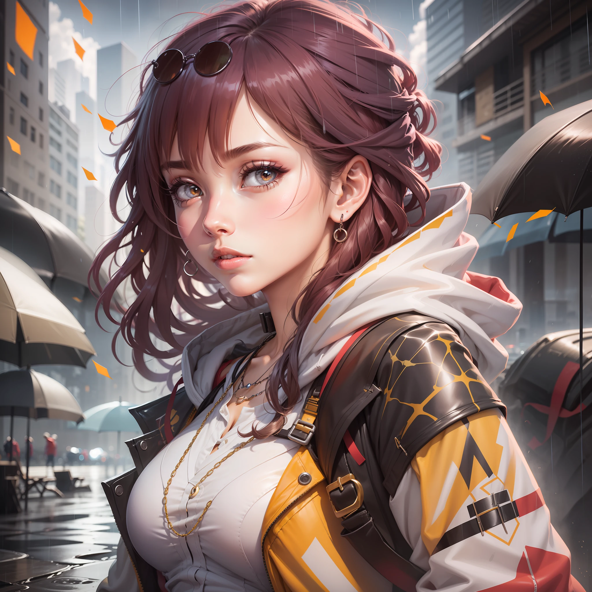 1girl, jacket, rain, outdoors, hoodie, open jacket, chain, backpack, looking at another person, messy hair, trends on artstation, 8k resolution, very detailed, anatomically correct, clear images, digital painting, concept art, trends on pixiv