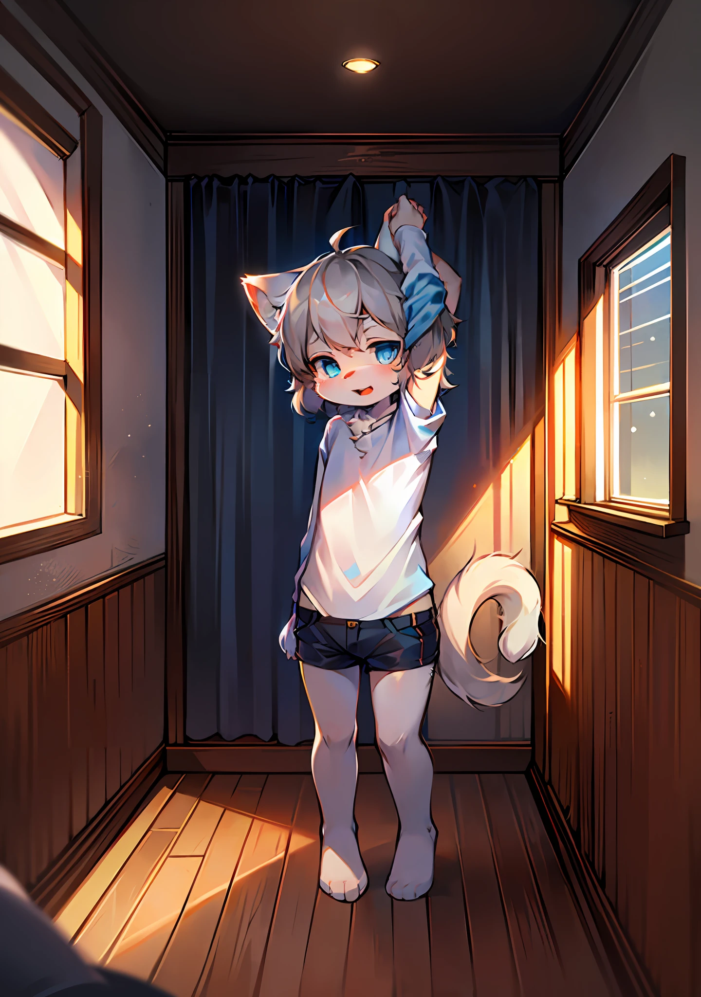 eyes with brightness, full room view, Character Focus Solo, shaggy, Furry male cat, Yellow-white fur for men, blue color eyes, Gray hair(The long) style,Little cute, Will sell moe,(((No clothes))),The characters are standing