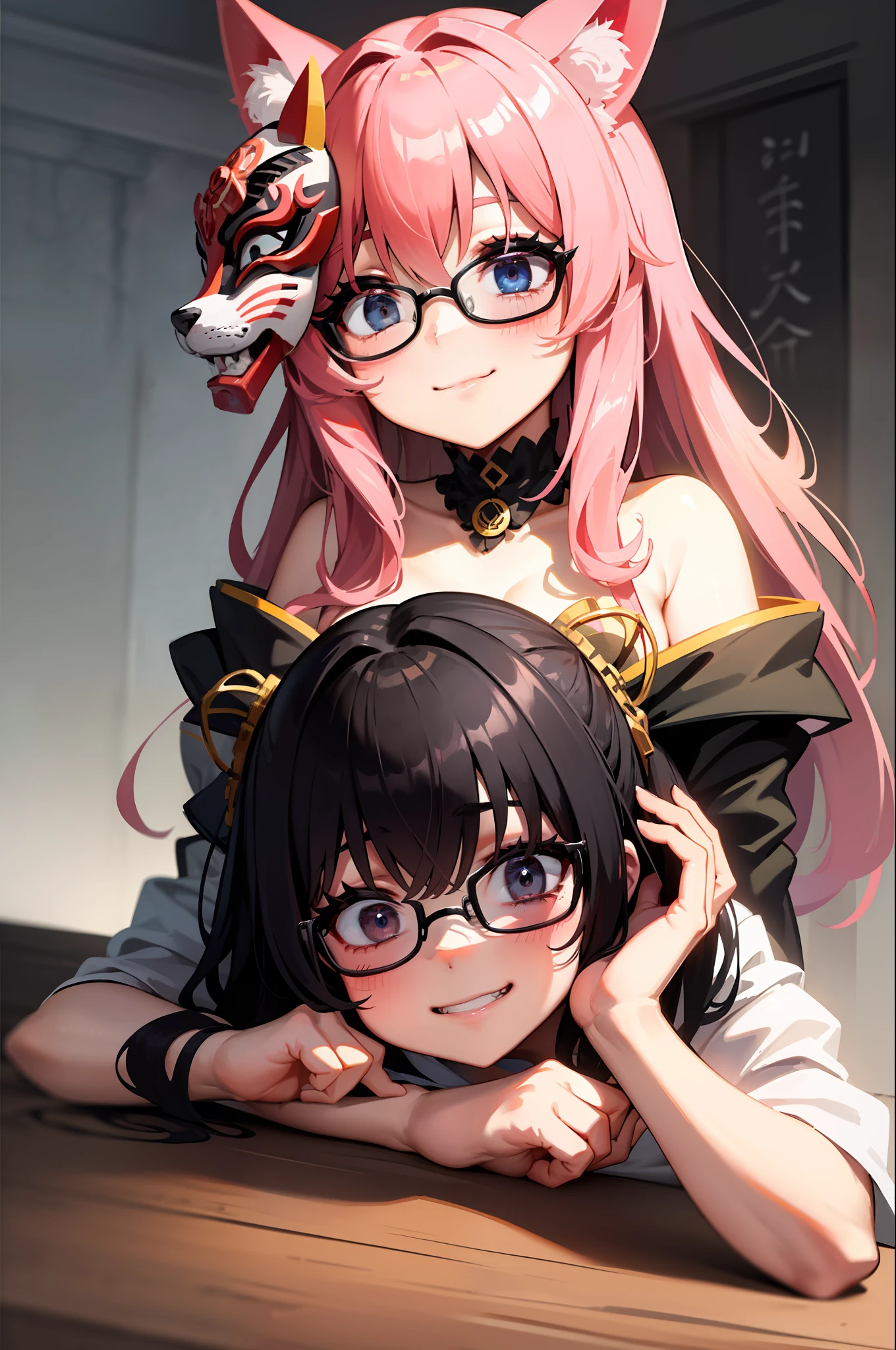 Japan Shrine Background,Long black straight hair,Wearing a fox mask diagonally on his face,gold-wire glasses,The face is white and pink,babyfat,ultra cute,With a shallow smile。