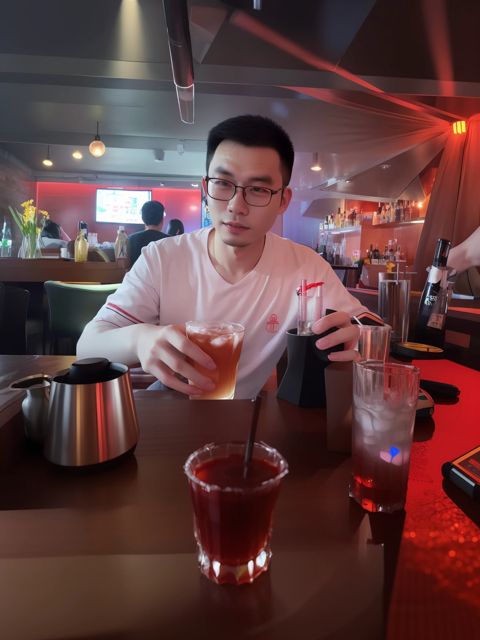 There was a man sitting in a bar，Holding a drink in your hands, 2 8 years old, 2 9 years old, 2 7 years old, profile picture 1024px, xintong chen, peter xiao, steve zheng, jinyiwei, drinking a drink, taken in the early 2020s, wenjun lin, zeng fanzh