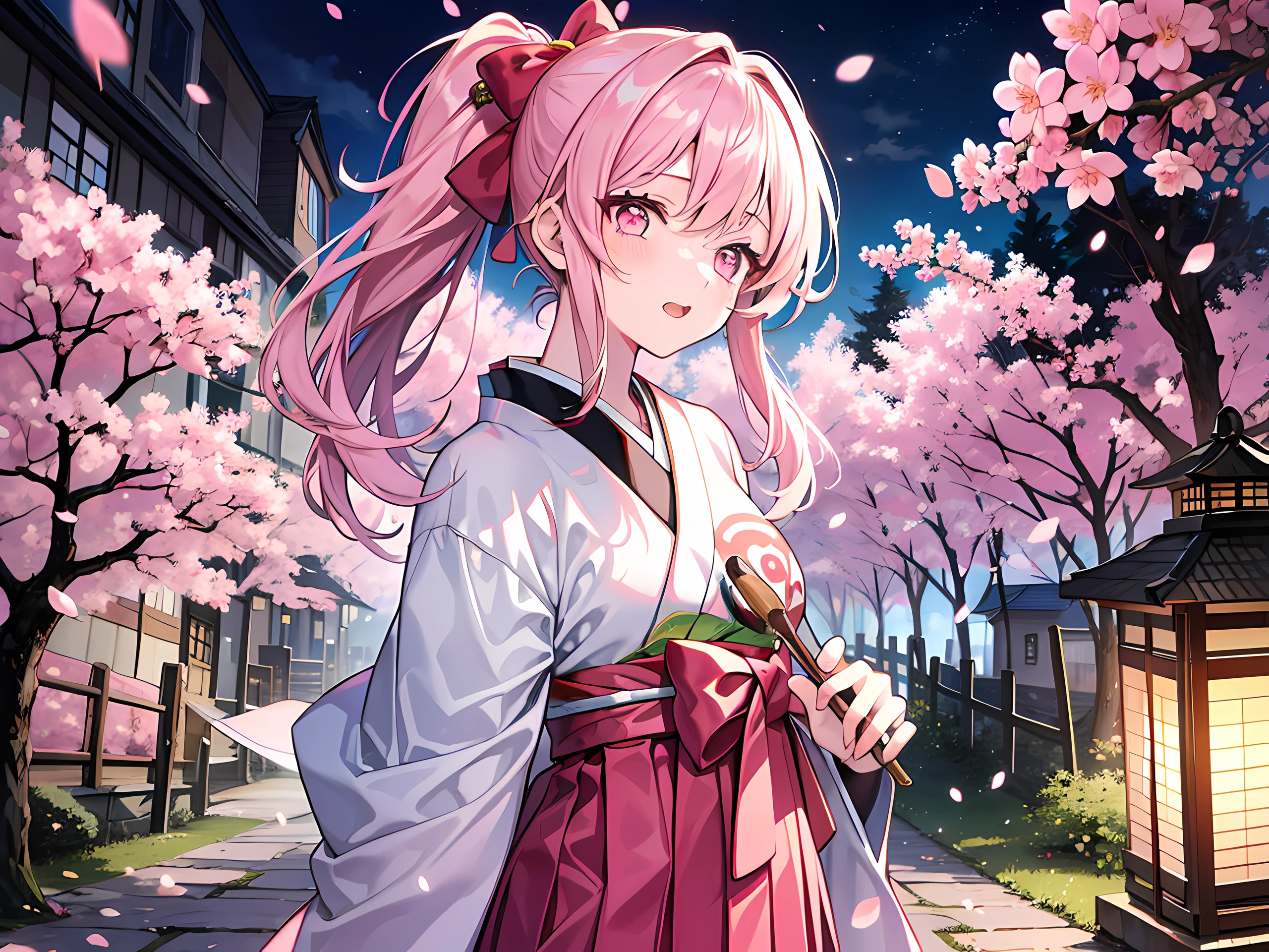 Pale pink eyes,Cherry blossom lantern hakama,Long-edged ponytail,A pink-haired,clogs,gentle expressions,Cherry blossom forest,the night,tmasterpiece,4K,Award-winning photos,best qualtiy,A high resolution,extremely detaile,finely detailled,Highly detailed woman,Extremely detailed eyes and face,Perfect female body,Pink bow headband,full bodyesbian,Japanese-style village,Lanterns,half-close eyes,teens girl,standing on your feet