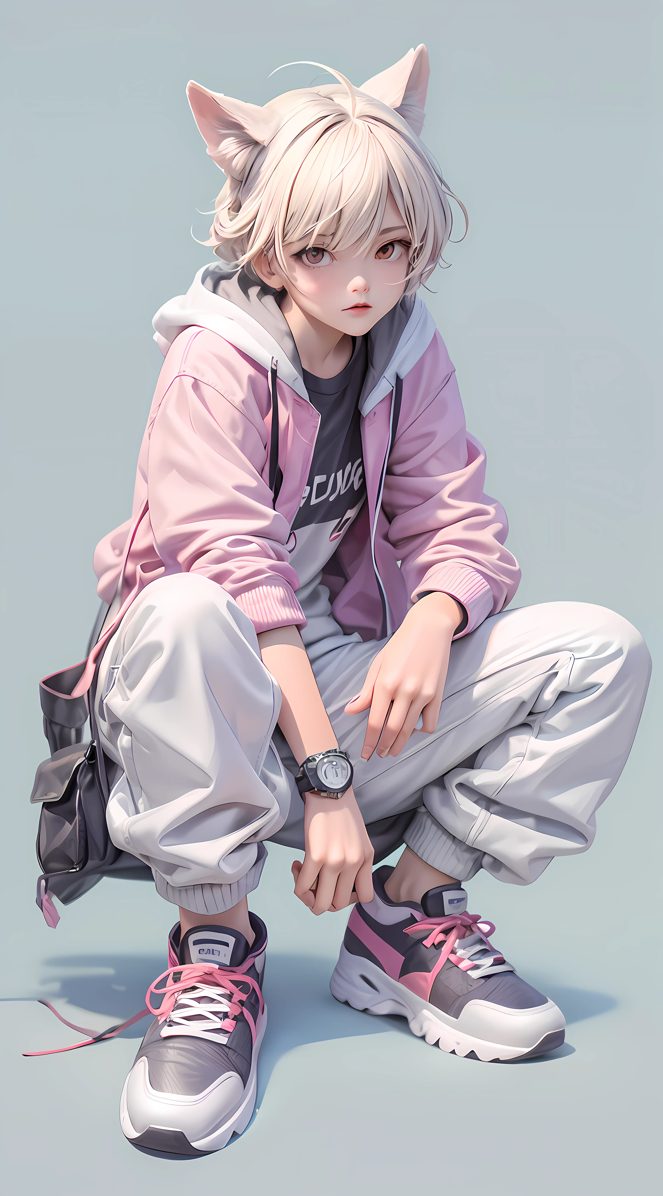 tmasterpiece,Best quality at best,offcial art,8k wallpaper,The is very detailed,illustratio,1BOY,fashionable attire,Wrist watch,athletic sneakers,squatt,Hands naturally droop,jaqueta com capuz,Street side,teens girl,dream magical,pink and purple