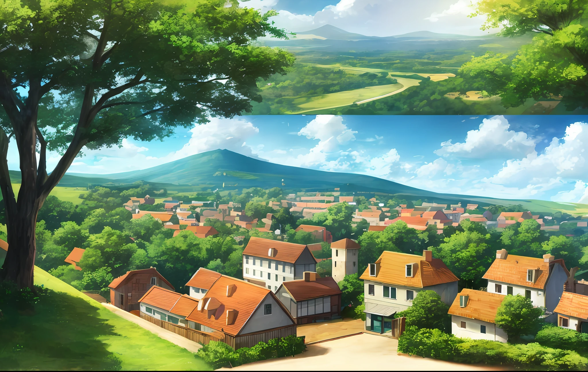 landscape, forest, village, well, sky, clouds