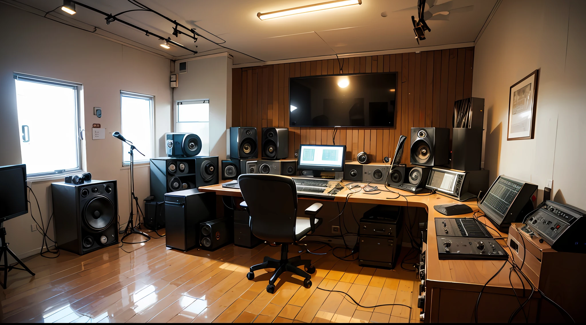 Empty, minimalist, and quiet, the recording studio is lit up by a bright red hue. Vintage equipment, including turntables and a microphone, adds old-school charm to the isolated space. Framed on the wall is a poster of Eminem.