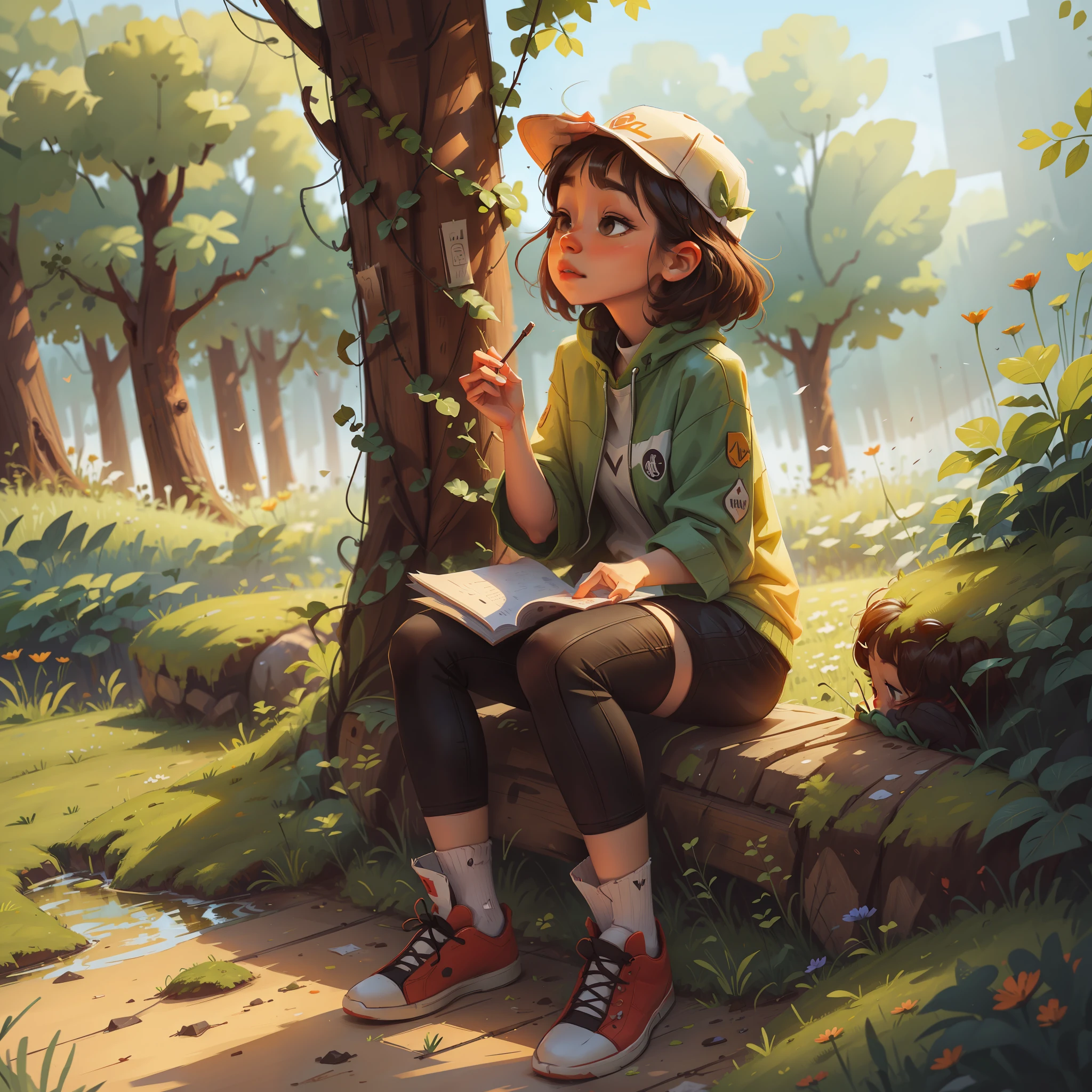 A painting of a girl sitting on a tree stump reading a book - SeaArt AI