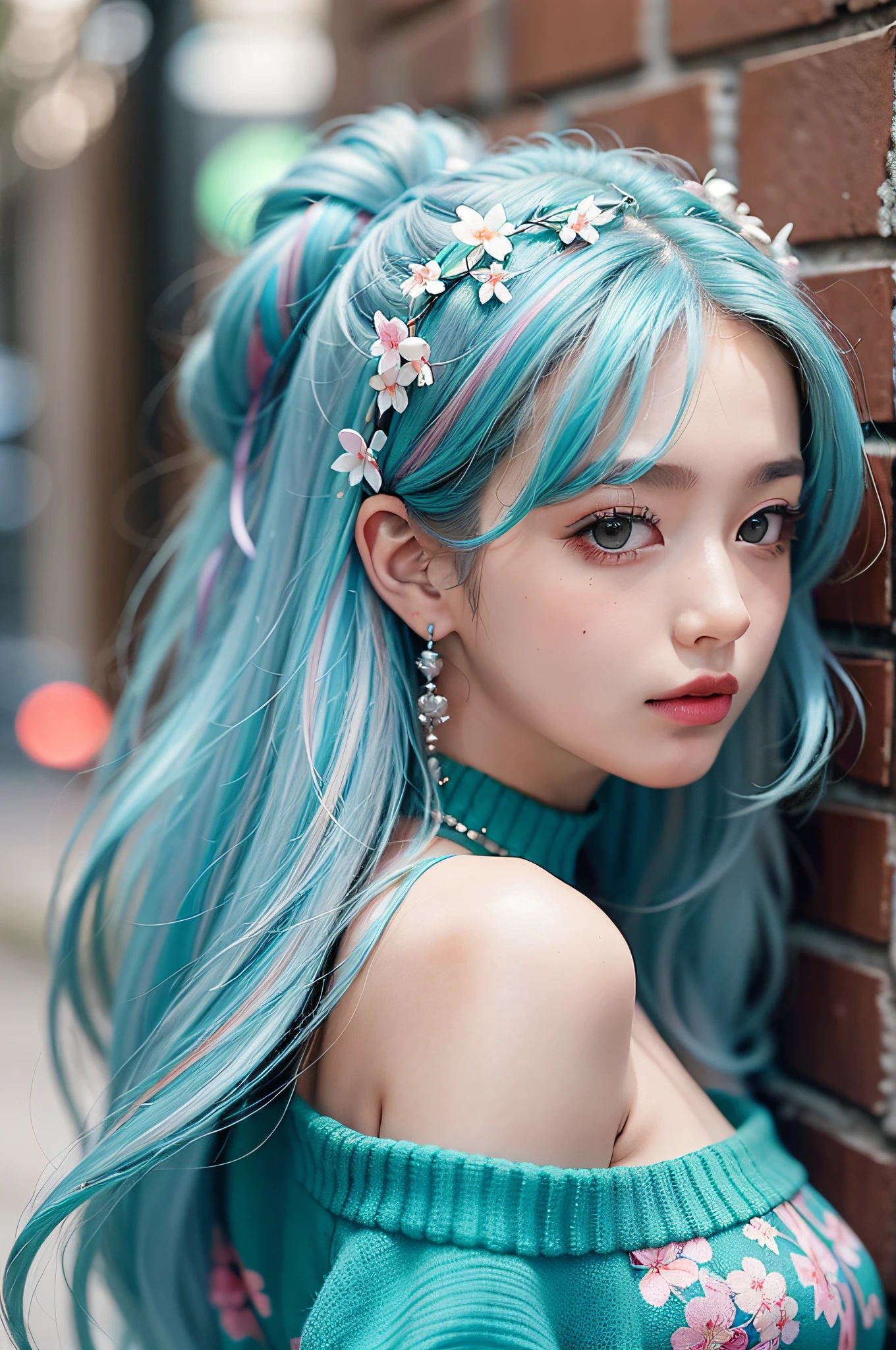 (Masterpiece, Excellent, 1girl, Solo, Intricate Details, Color Differences), Realism, (Medium Breath)), off-shoulder, Big, Sexy, Yaemiko, Long light blue hair, Silver headdress, red highlights, hair above one eye, Green eyes, Earrings, Sharp eyes, Perfectly symmetrical figure, Choker, Neon shirt, Open jacket, Turtleneck sweater, towards the wall, brick walls, graffiti, dim lighting, alleys, looking at the audience, ((meaningful, enchanting, fascinating)), (cherry blossom background))), Japan(glittering background)))
