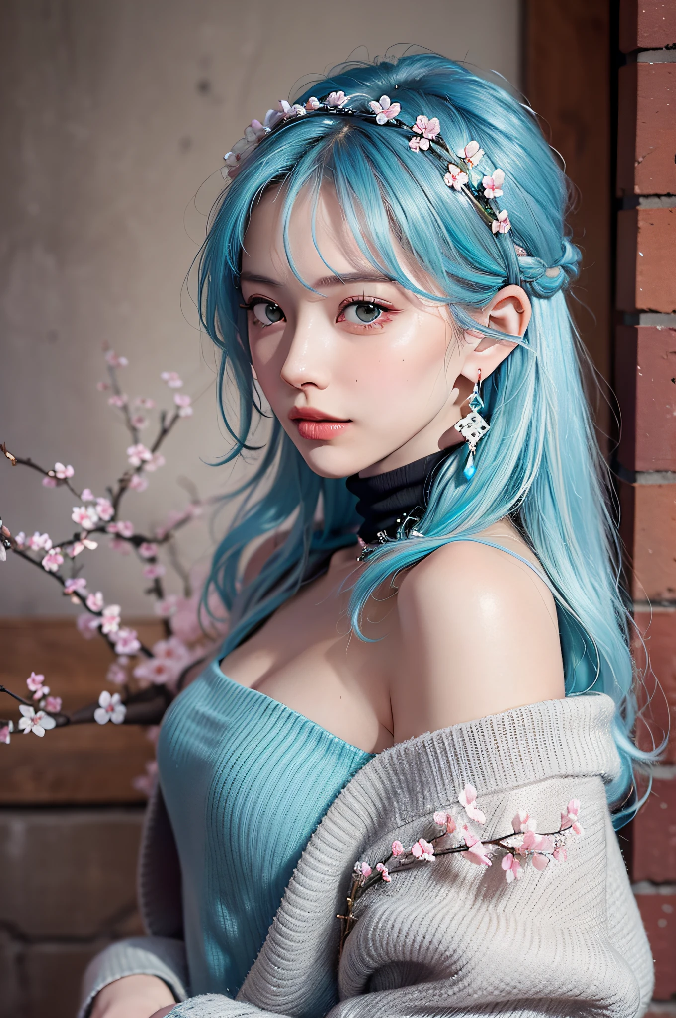 (Masterpiece, Excellent, 1girl, Solo, Intricate Details, Color Differences), Realism, (Medium Breath)), off-shoulder, Big, Sexy, Yaemiko, Long light blue hair, Silver headdress, red highlights, hair above one eye, Green eyes, Earrings, Sharp eyes, Perfectly symmetrical figure, Choker, Neon shirt, Open jacket, Turtleneck sweater, towards the wall, brick walls, graffiti, dim lighting, alleys, looking at the audience, ((meaningful, enchanting, fascinating)), (cherry blossom background))), Japan(glittering background)))