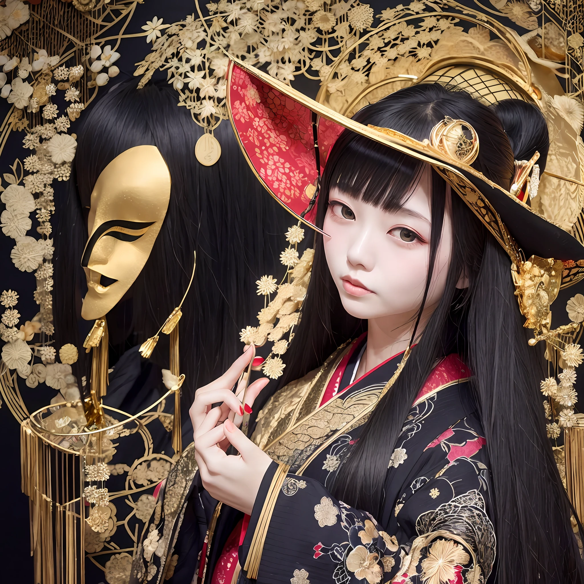 Japan Shrine Background，Long black straight hair，The complexion is fair and powdery，Wear gold wire glasses，The fox mask is worn diagonally，ultra cute，Wear witch costumes