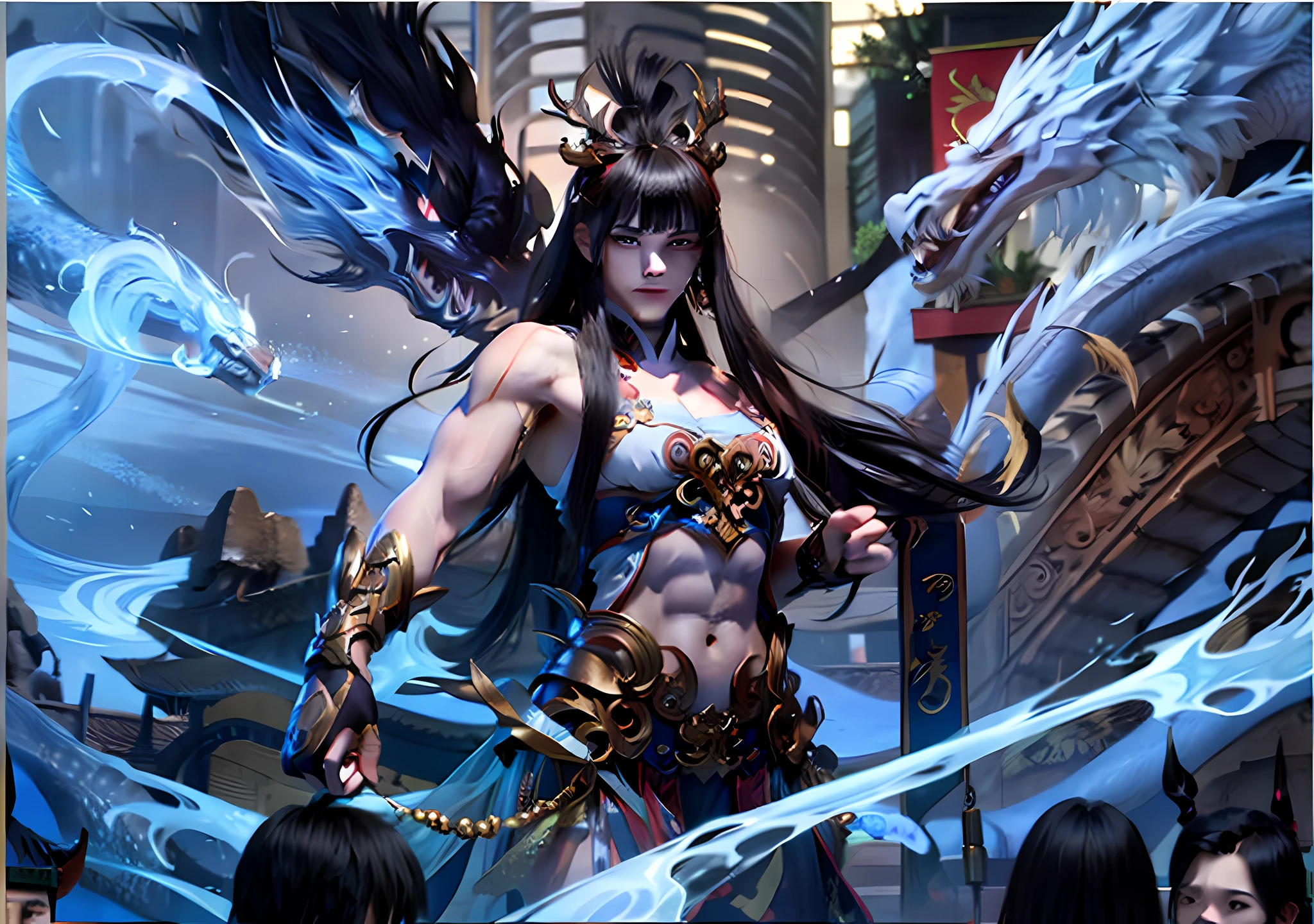 Strong Asian man,Expose the pectoral muscles、Shoulder、small thighs,Fierce eyes,The shouts shook the earth,Chinese generals ancient battlefield,Middle-aged bearded,Chinese Fengshen Dragon,Strong and tough。