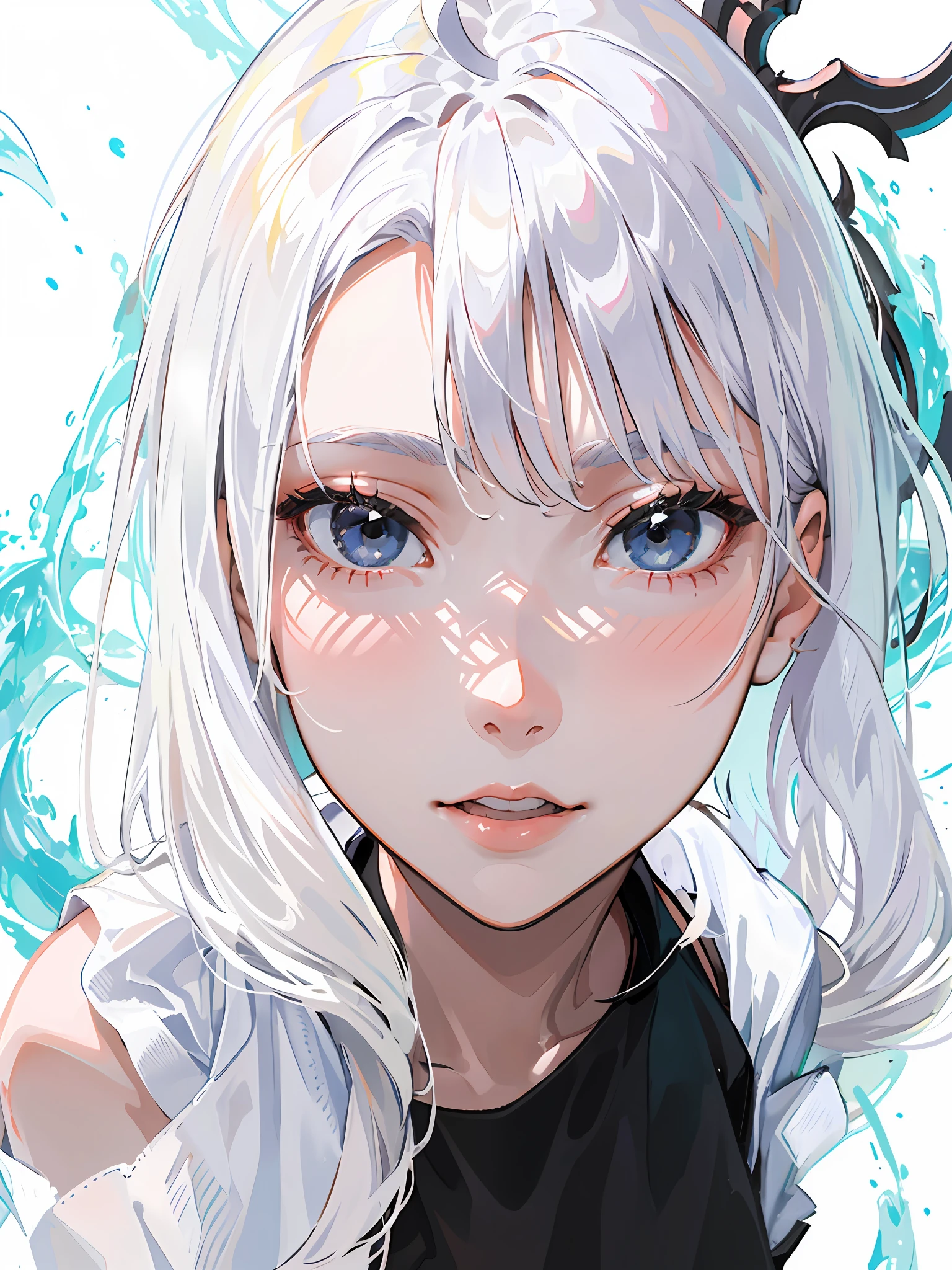 Small round face, ((Masterpiece,Best quality,high high quality)),(1girll,The protagonist),(ahoge,with short white hair),Black eyes,((White shirt),(black short skirt)),white backgrounid,Beautiful static,Ultra-fine face,Cute girl,Small round face