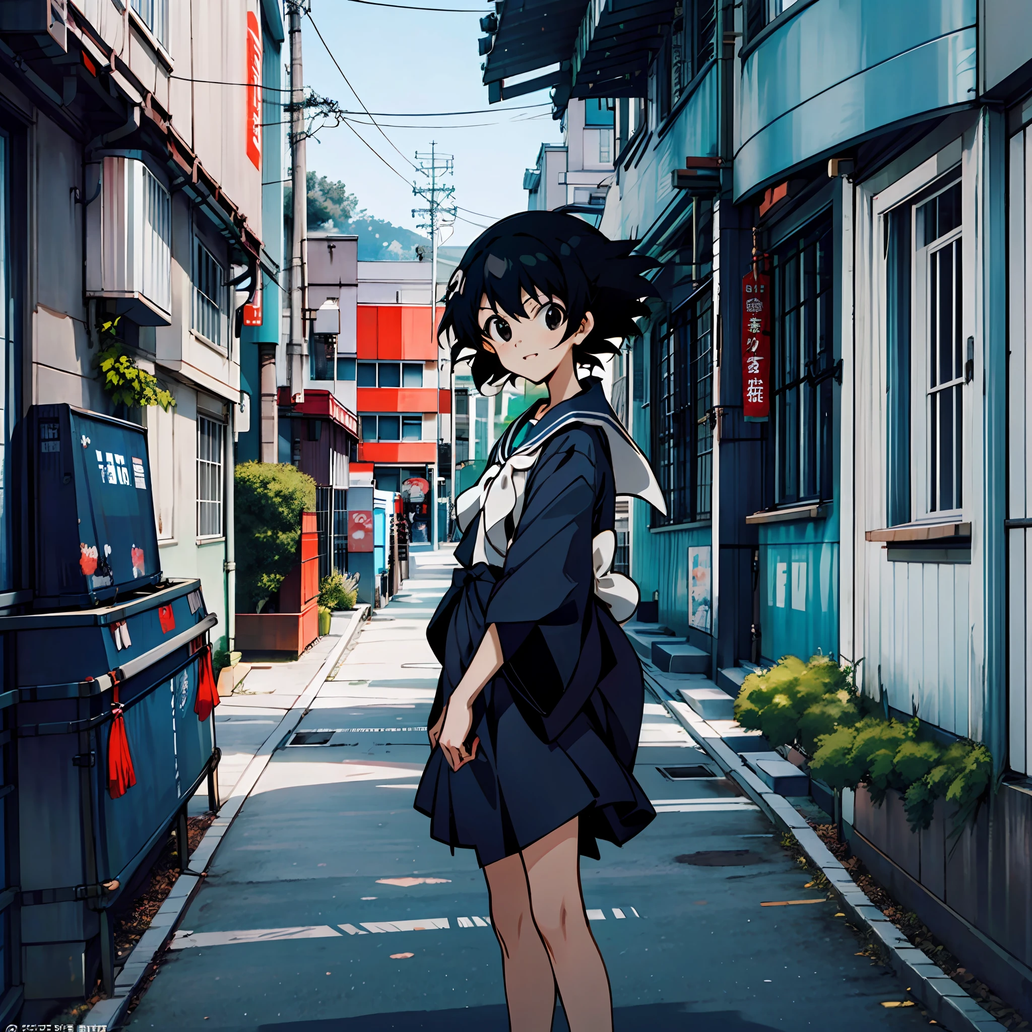 ultra HD picture quality，Black color hair，Black eyes，Black and white sailor suit，The image of a cute and cheerful Japanese high school girl，It has the style of Shinkai Makoto，Blend in with the small town feel in the pictures，Idyllic。Aesthetics heal sunny atmosphere。