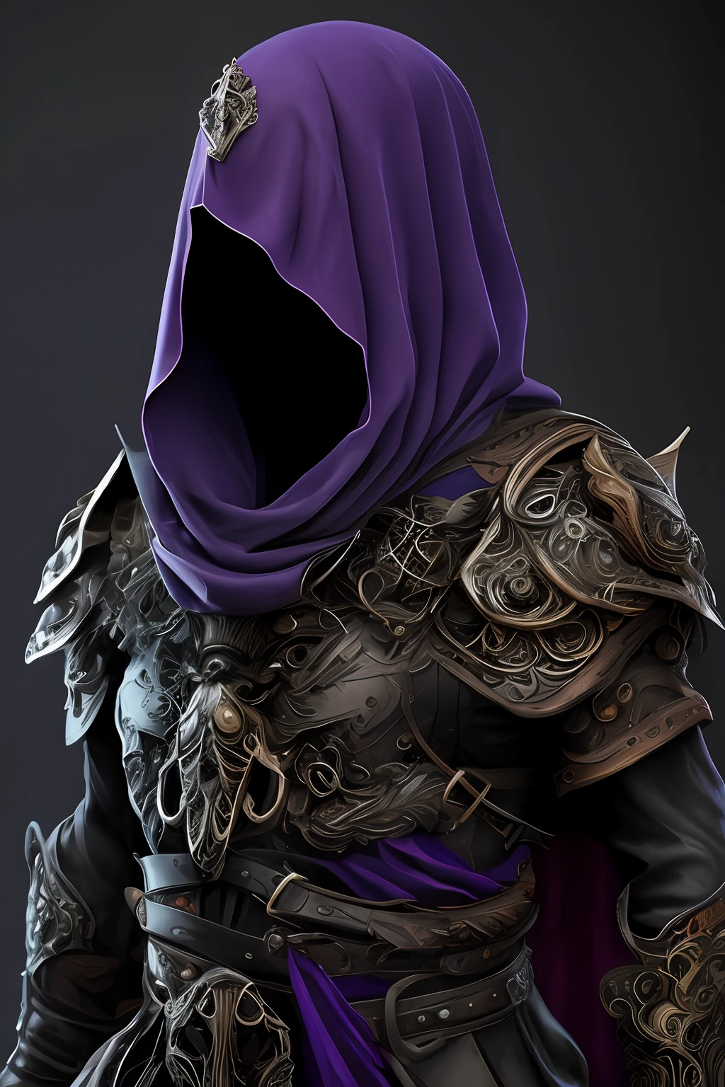 dark soul, A bodyless armor, black shawl, black hood, no face, male, armor carving, demonic armor, black face, scarlet eyes, barrel helmet, peephole, iron crown, holding a Ornate black and purple one-handed sword, gothic style, in a dark forest
