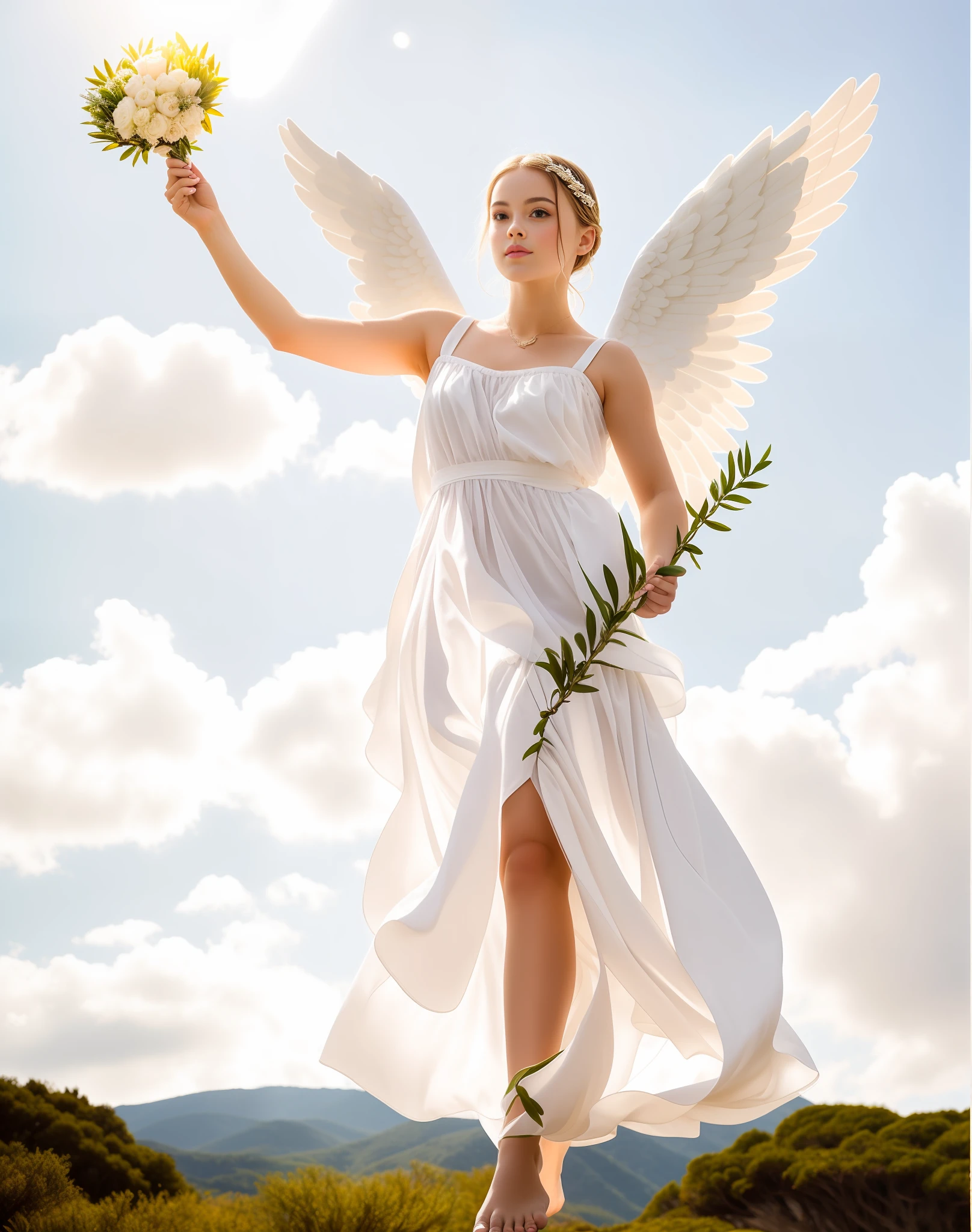 European beautiful girl,Blonde hair wearing olive branches,Tall and tall,perfect body figure,Tall wings,beautiful feathers,Light white dress fits snugly to the body,Reveal the perfect figure,((Snow-white tulle dress)),Barefoot,The characters are bright and natural,Beautiful figure,beautiful angel, tall female angel,