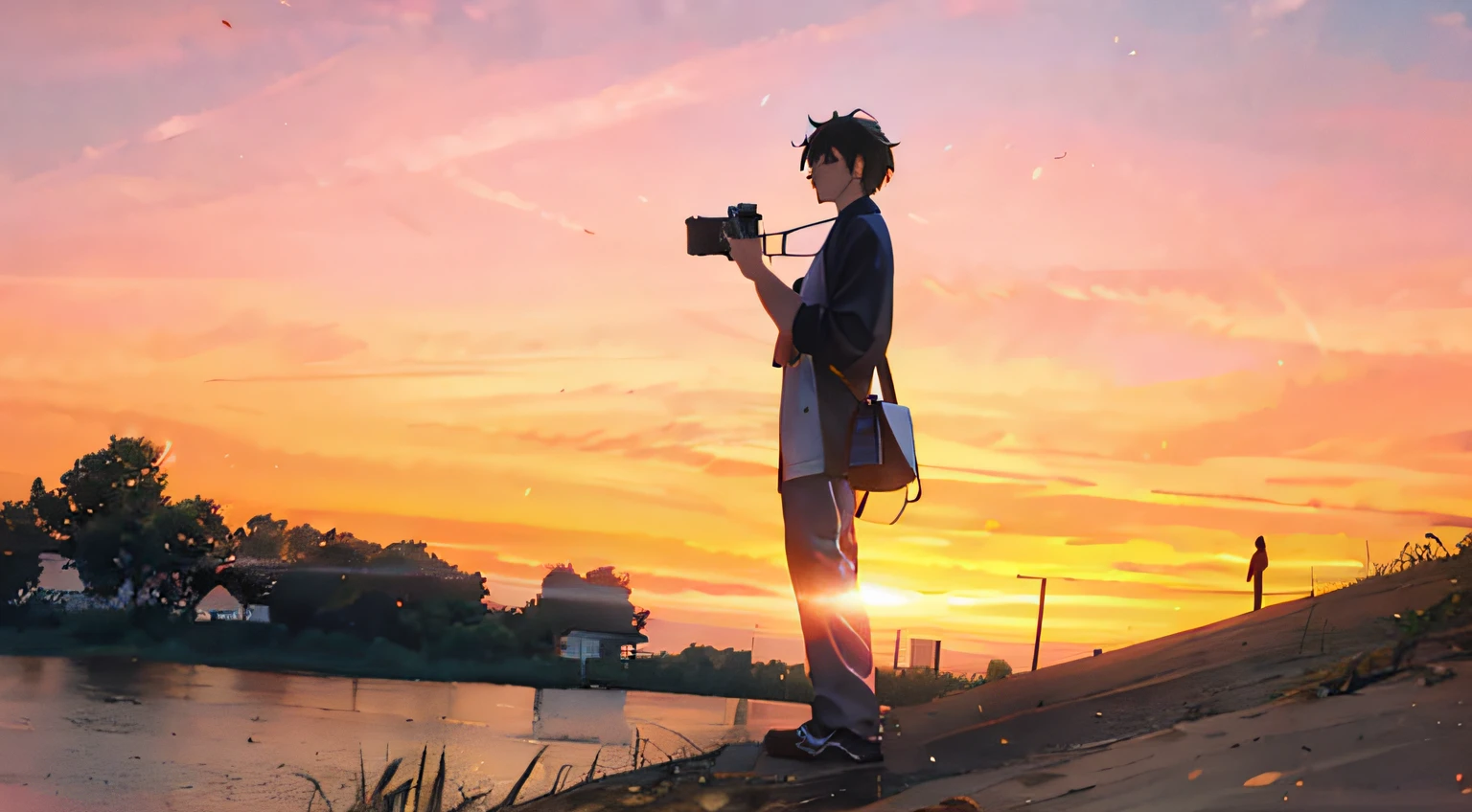 There was a man standing on a hill with a camera, With sunset, at a beautiful sunset, at the sunset, with a sunset, In the sunset, late sunset, At sunrise, Sunset photo, watching the sunset, phot, photographers, Photographic capture, girl watching sunset, But as a real-life photo, very accurate photo, Photography ) --auto