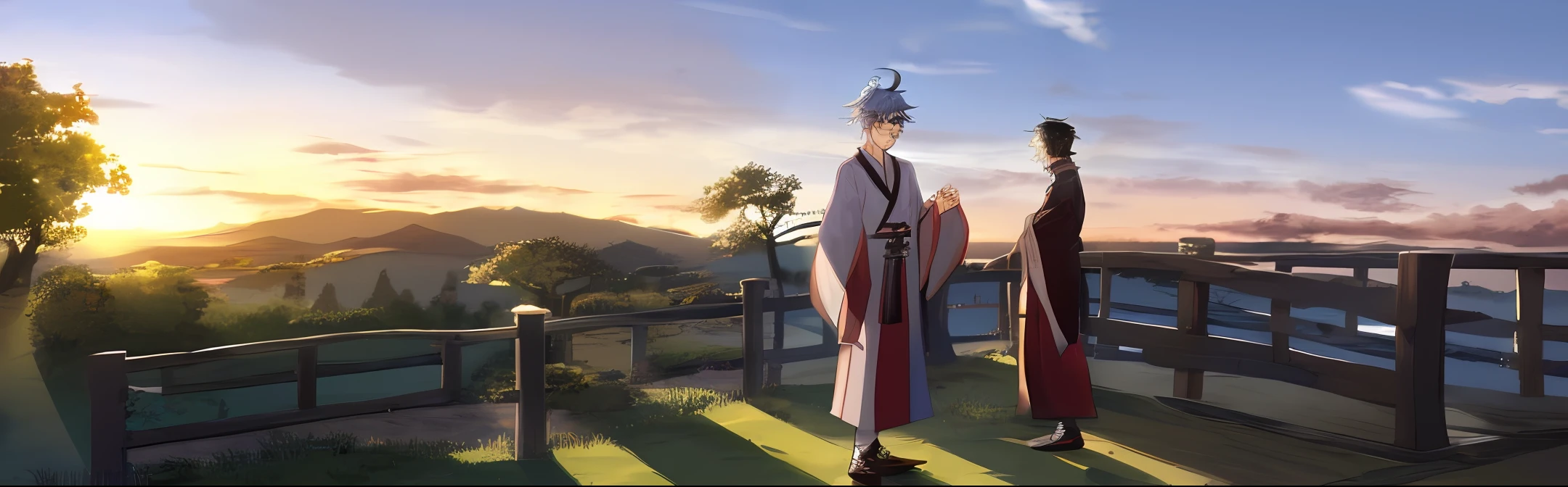 Genshin Walnut stood in Hanfu in the sunset and stretched out his hand