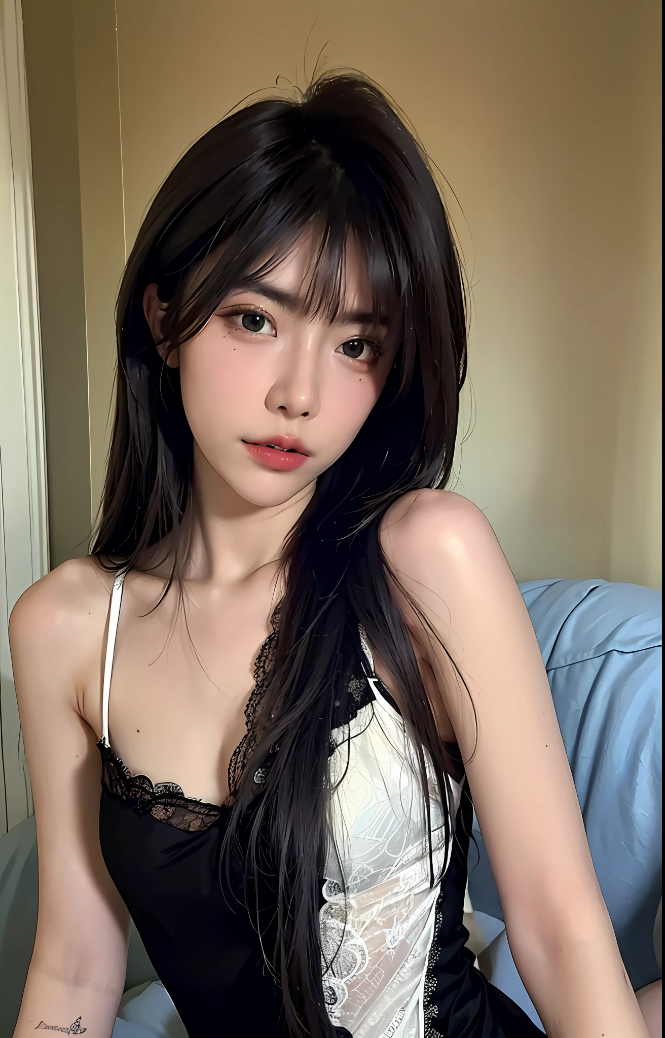 Best quality, masterpiece, ultra high res, (photorealistic:1.4), raw photo, 1girl, ((black lace nightgown)), ((small breast)), cold light
